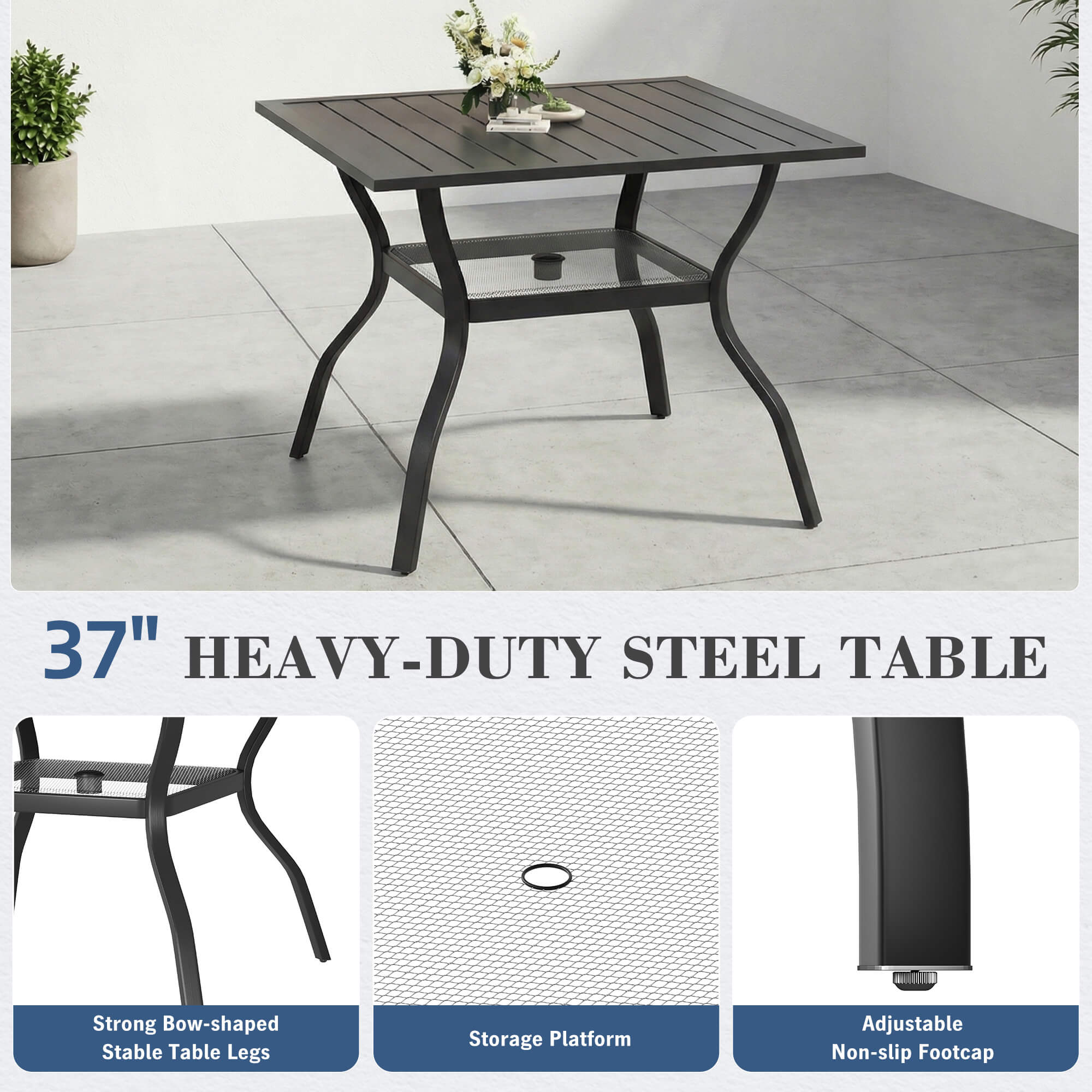 HOMREST 5-Piece Outdoor Patio Dining Set for 4, Square Metal Table with Umbrella Hole & Stackable Chairs