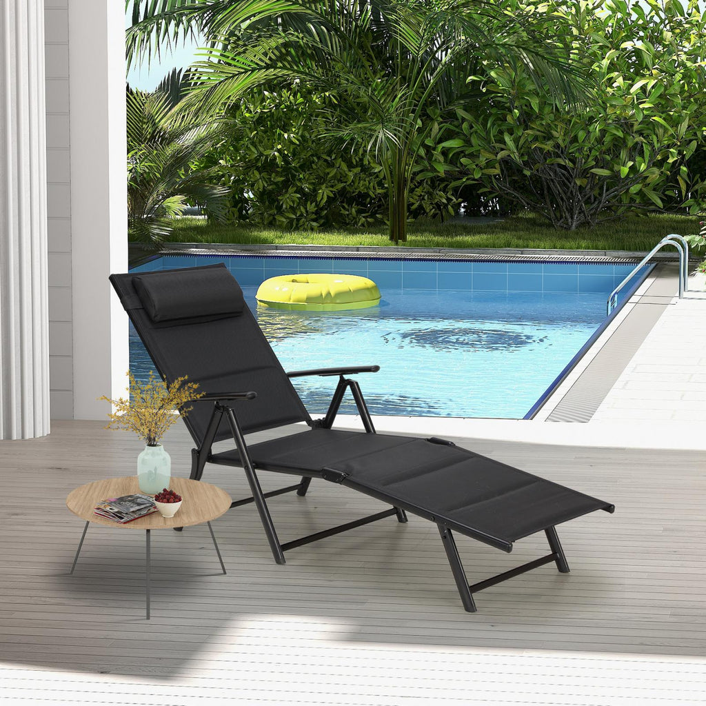Outdoor Folding Lounge Chair with 7-Position Adjustable Backrest for Poolside, Black