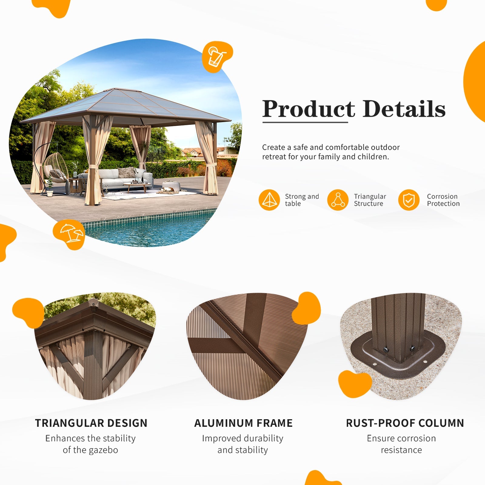 Homrest 12'x14' Hardtop Gazebo, Outdoor Polycarbonate Roof Canopy, Aluminum Frame Permanent Pavilion with Curtains and Netting