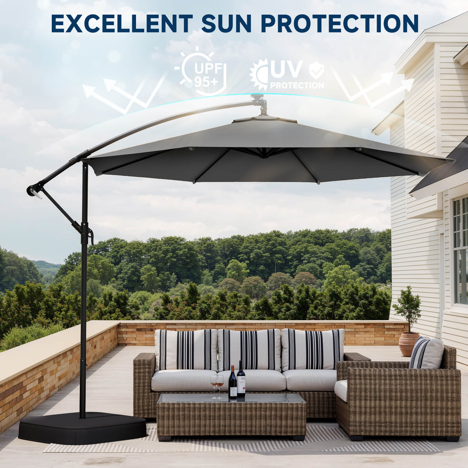 Homrest 10ft Patio Umbrella with Base, Outdoor Offset Cantilever Umbrella, Infinite Tilt, Grey