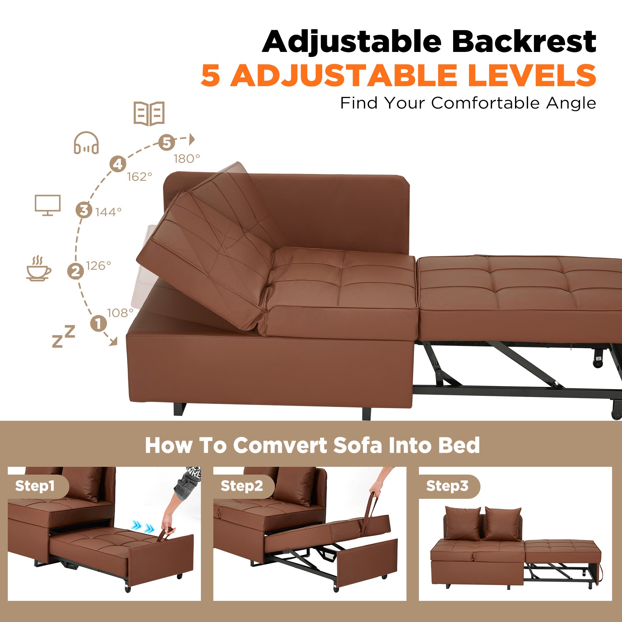 HOMREST 3 IN 1 Futon Sofa Bed Convertible Recliner Lounge with Reclining Backrest, Brown