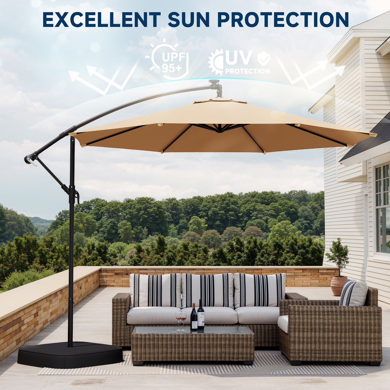 Homrest 10ft Patio Umbrella with Base, Outdoor Offset Cantilever Umbrella, Infinite Tilt, Beige