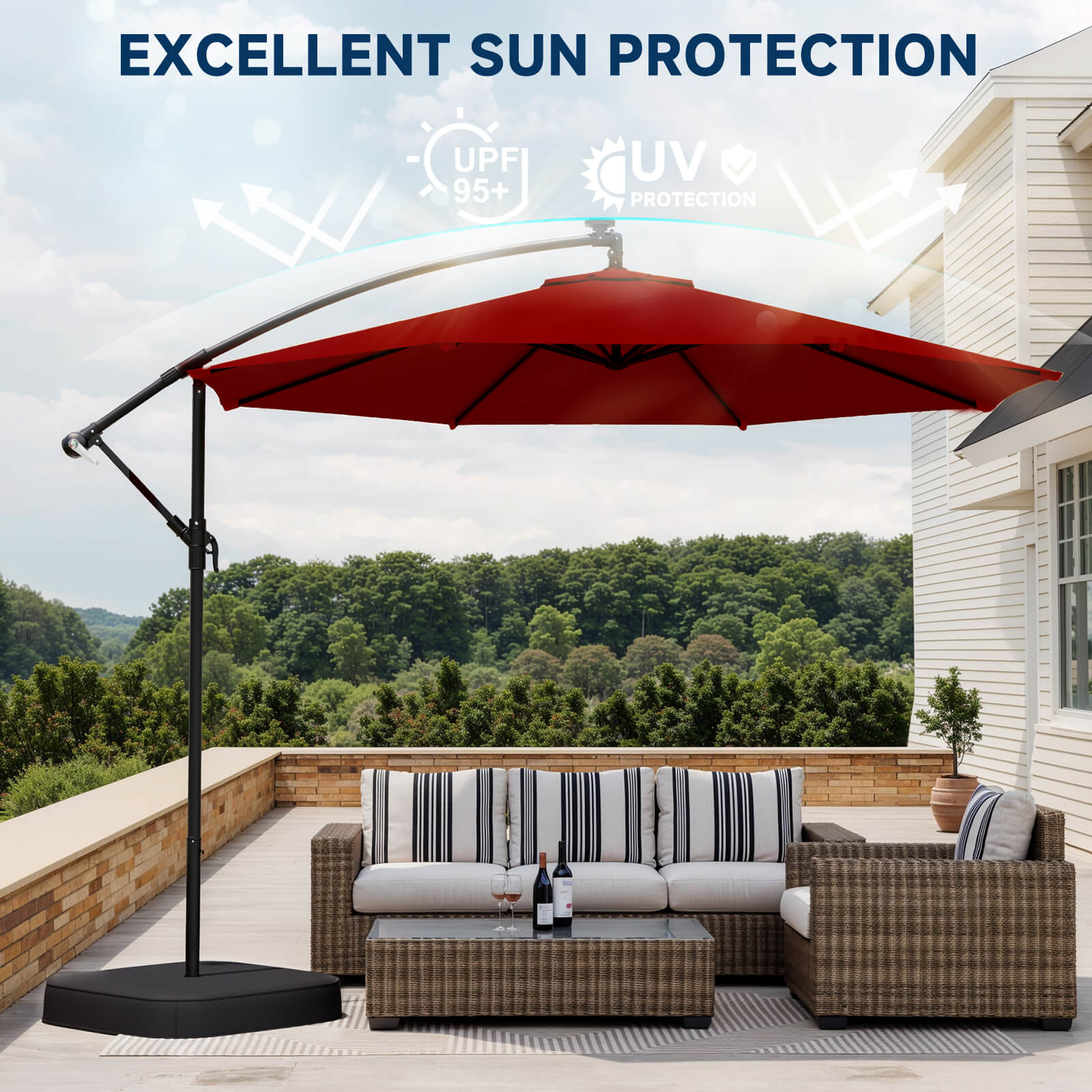 Homrest 10ft Patio Umbrella with Base, Outdoor Offset Cantilever Umbrella, Infinite Tilt, Burgundy