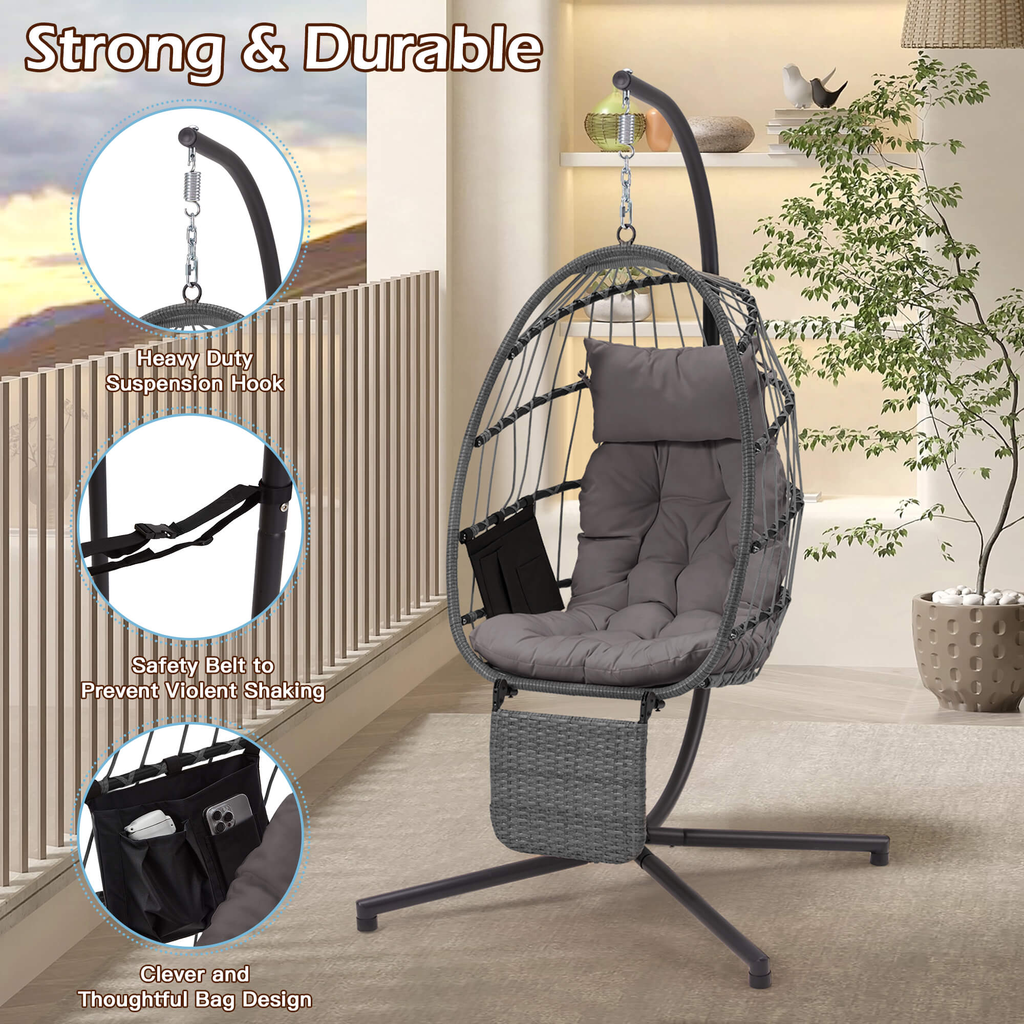 HOMREST Hanging Egg Chair with Stand & Removable Leg Rest, Hammock Chair for Patio, Bedroom, Gray