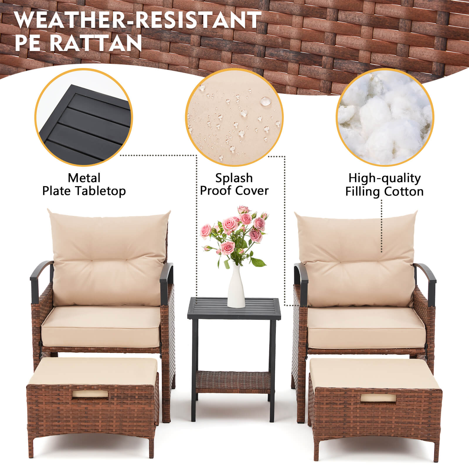 HOMREST 5 Pieces Patio Furniture Set, Outdoor Rattan Chairs with Metal Coffee Table, Ottomans & Soft Cushions, Wicker Conversation Bistro Set, Beige
