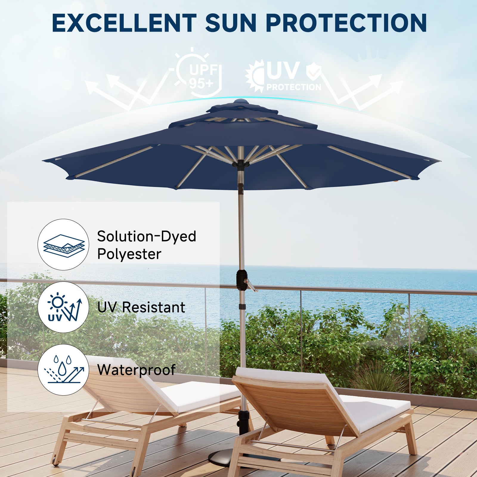 Homrest 9FT 3-Tier Aluminum Patio Umbrella, Fade-Resistant with Push Tilt, 8 Sturdy Aluminum Ribs,Navy Blue
