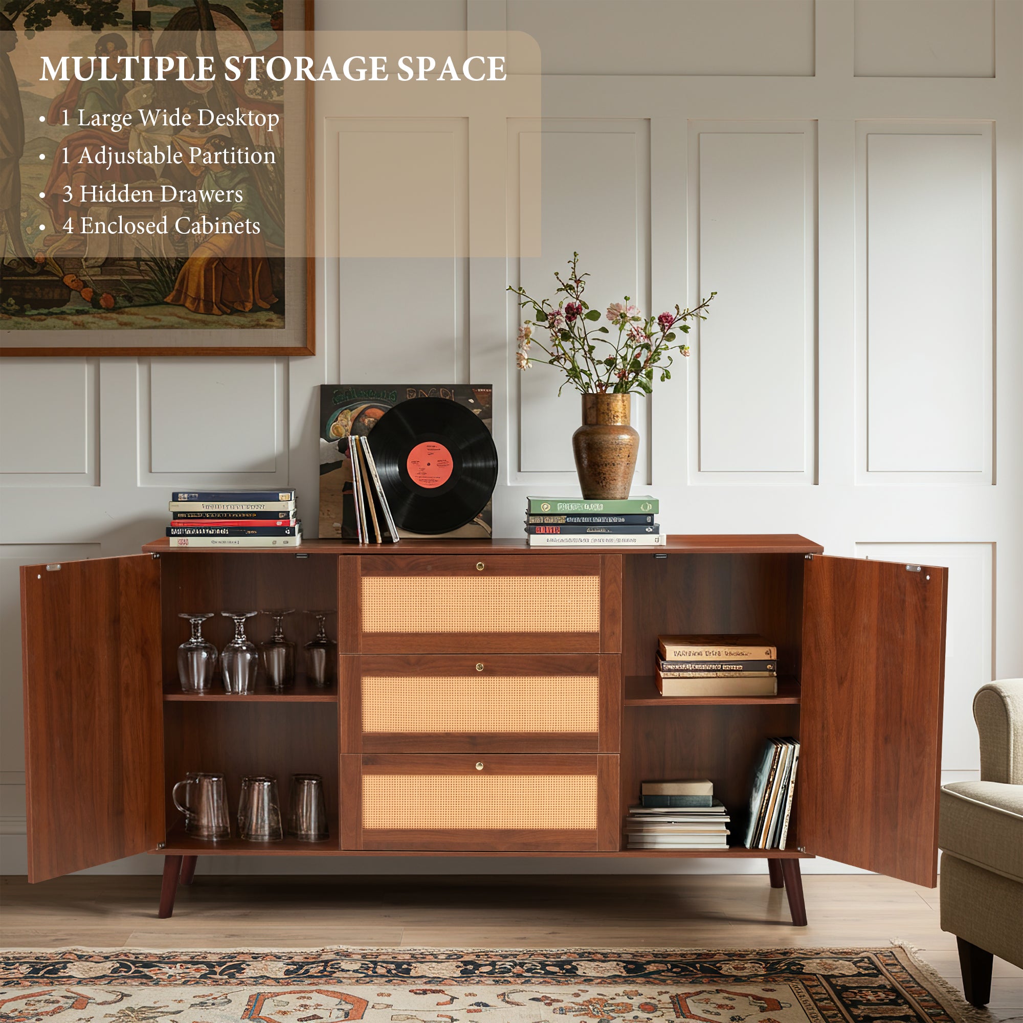 HOMREST  Solid Wood Sideboard Buffet Cabinet, Mid-Century Credenza for Living Room, Entryway, Walnut