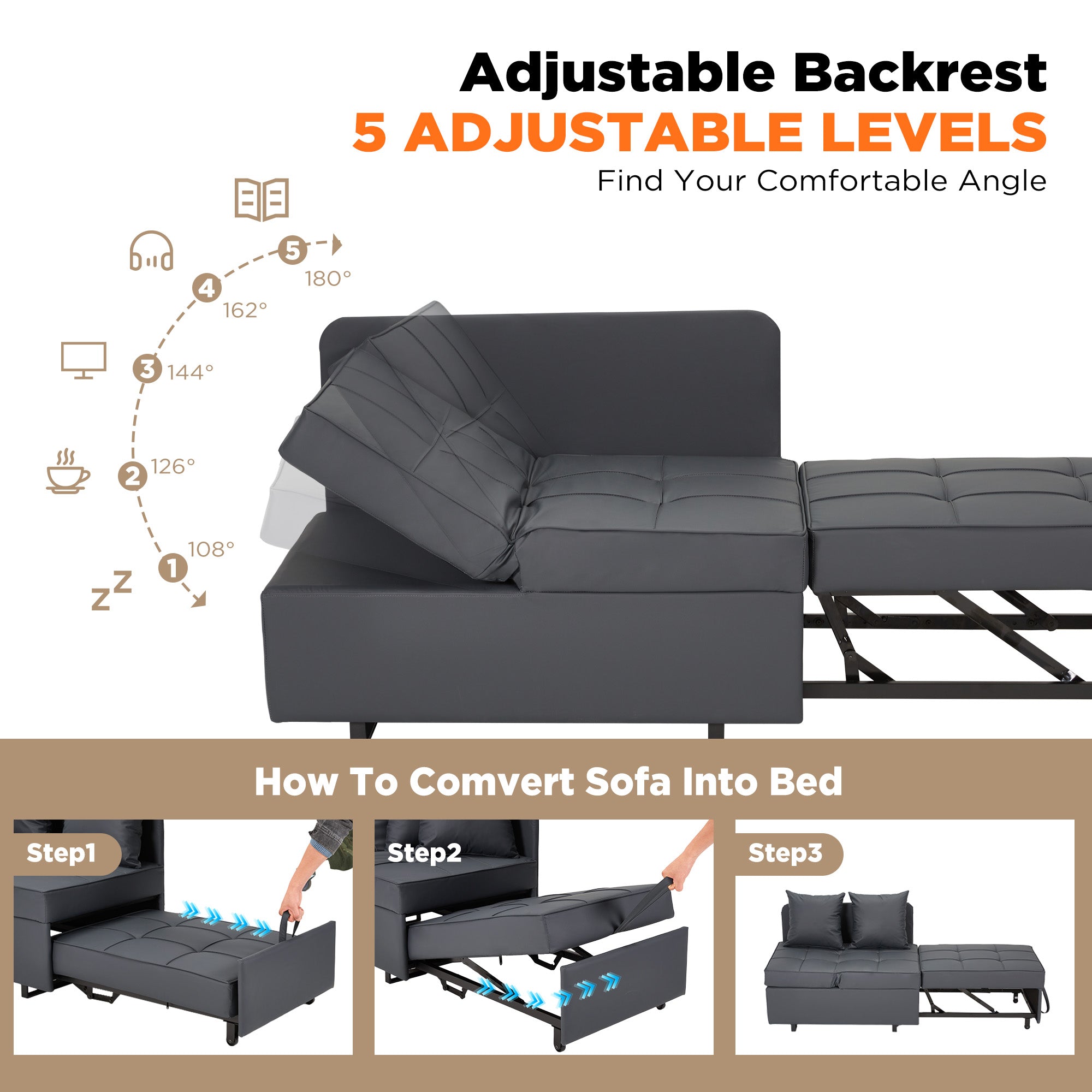 HOMREST 3 IN 1 Futon Sofa Bed Convertible Recliner Lounge with Reclining Backrest, Gray