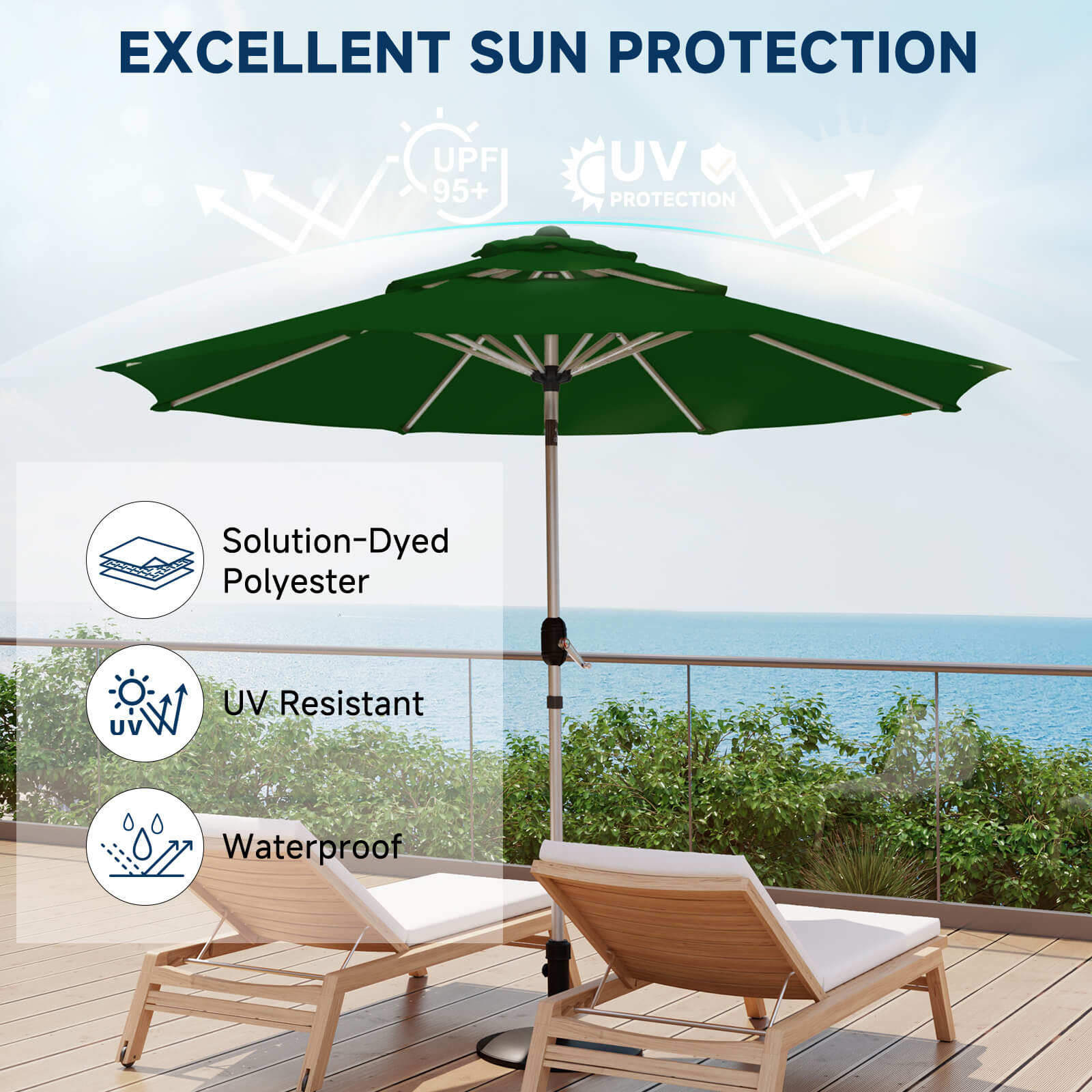 Homrest 9FT 3-Tier Aluminum Patio Umbrella, Fade-Resistant with Push Tilt, 8 Sturdy Aluminum Ribs,Green