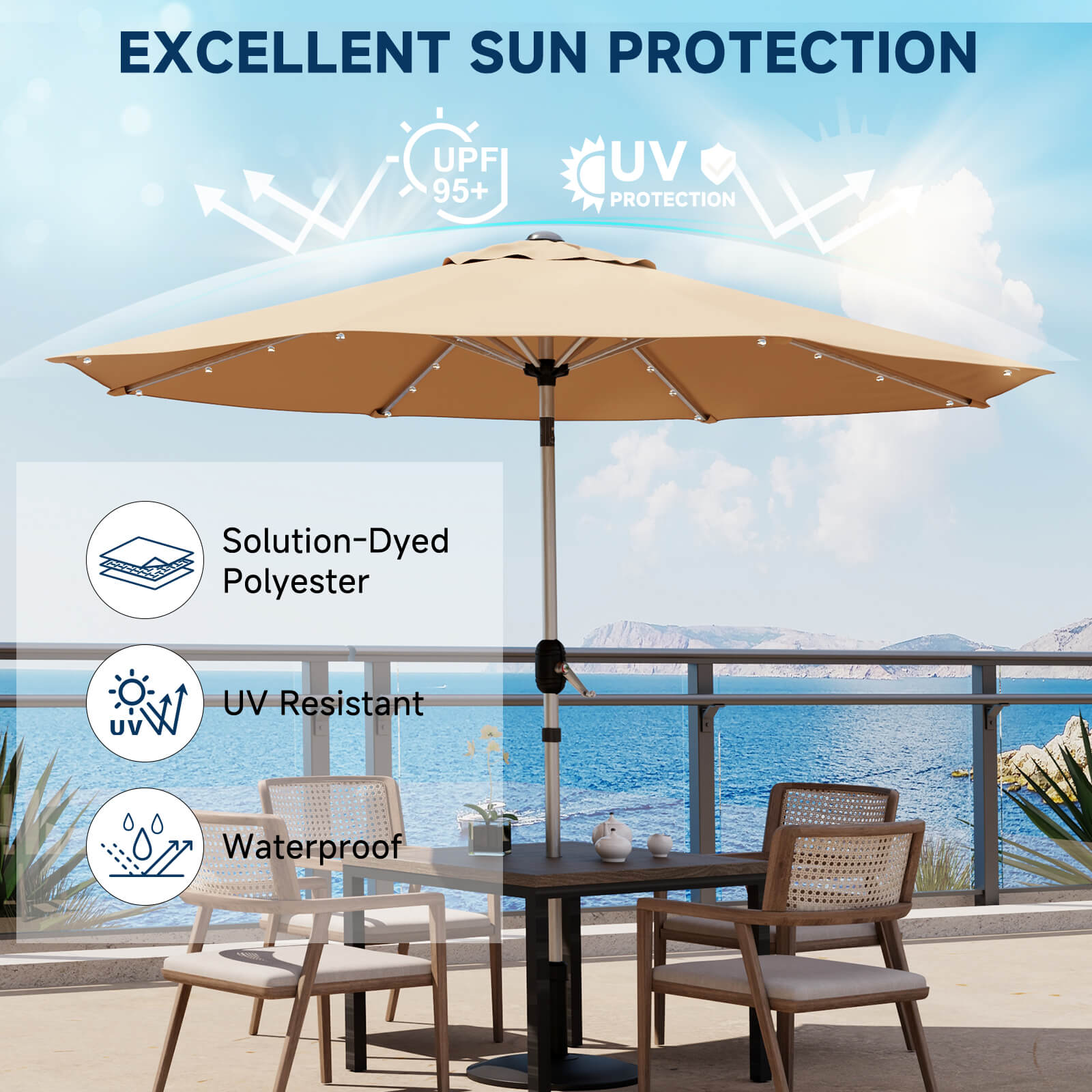 Homrest 10FT Solar Lighted Patio Umbrella, Fade-Resistant Outdoor Umbrella with Tilt, 8 Aluminum Ribs Beige