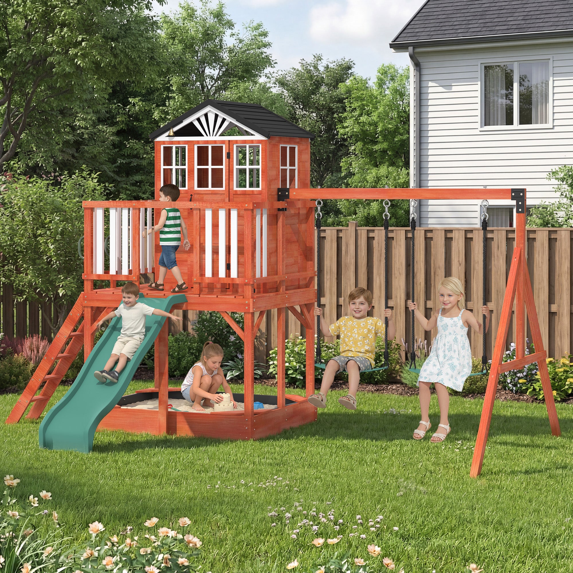 HOMREST Kids Outdoor Wooden Swing Set with Elevated Playhouse, Wave Slide, Belt Swings and Sandbox