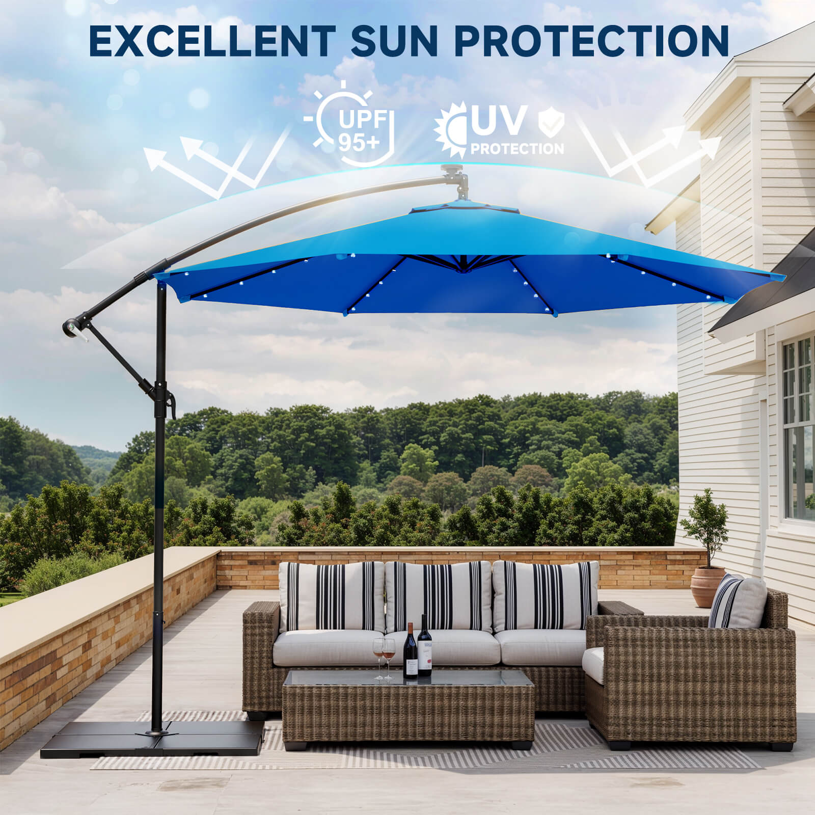 Homrest 10ft Solar Lighted Patio Umbrella, Infinite Tilt, Crank and Cross Base, Rolay Blue