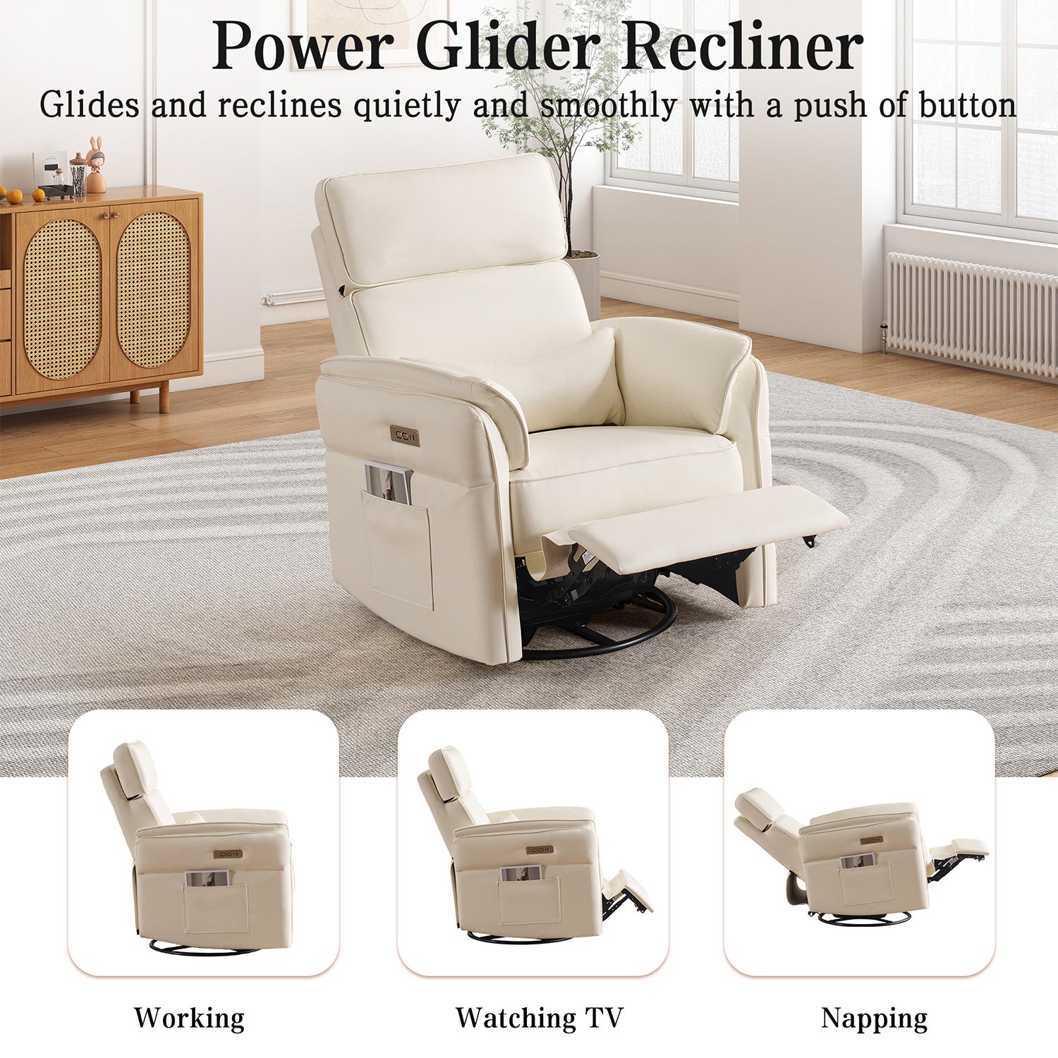 HOMREST Power Swivel Rocking Recliner Chair with Adjustable Headrest and Armrests, Beige