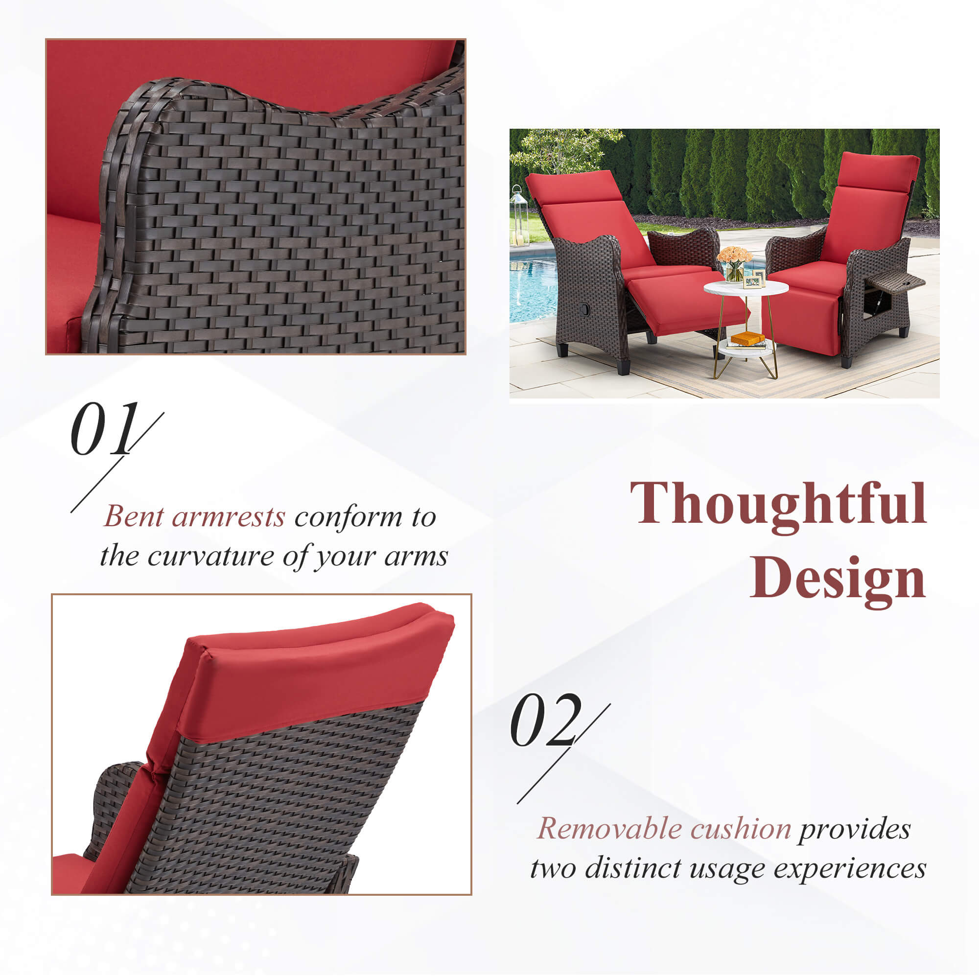 Homrest Outdoor Recliner Chair with Flip-up Table & Removable Cushion for Patio Deck Backyard, Red