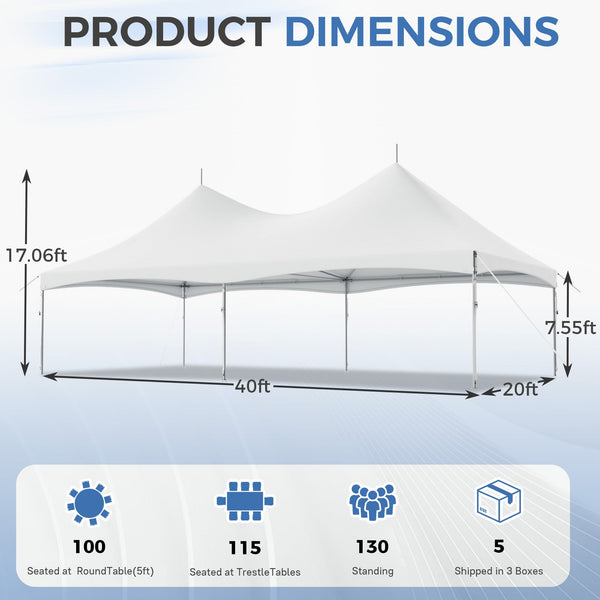 HOMREST 20x40FT Heavy Duty High Peak Party Tent, Outdoor Canopy with PVC Top, Event & Wedding Shelter for 130 People, Commercial Gazebo Carport, White