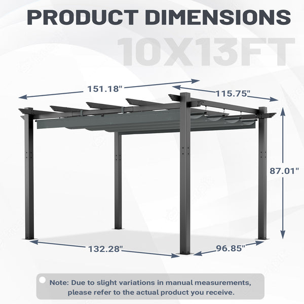 HOMREST Retractable Pergola 10x13 Ft, Outdoor Aluminum Shelter with Dual Adjustable Sun Shade Canopy for Patio Backyard, Locking System Includes Straps & Screws (Gray)