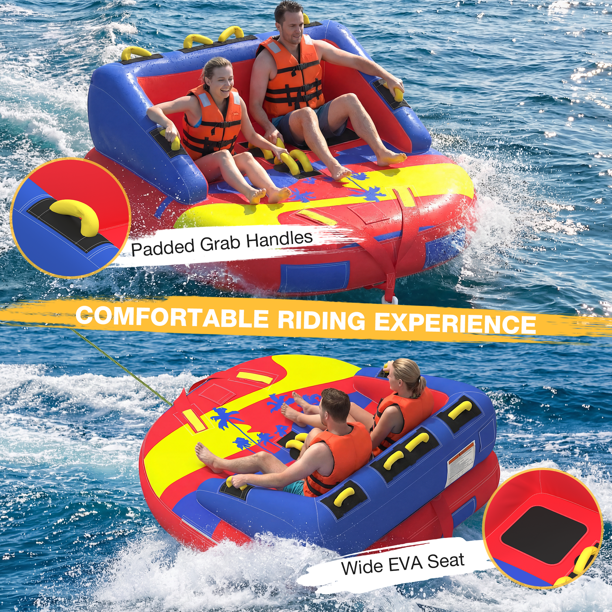 HOMREST 2-Person Towable Tubes for Boating with Towable Rope, Couch Reversible Boat Tube, Padded Bolster Guard Handles & Quick-Connect Tow Point