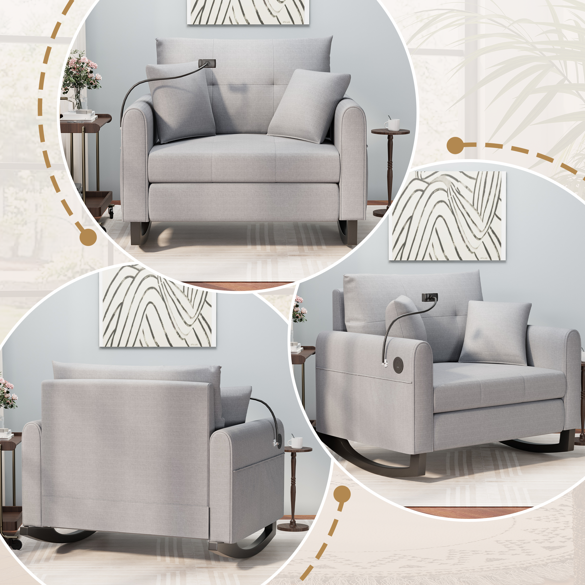 HOMREST Upholstered Oversize Rocking Chair with Adjustable Phone Handle, Nursery Rocking Chair with High Back and Side Pocket USB Port, Double Wide Rocker for Living Room, Bedroom, Nursery, Gray