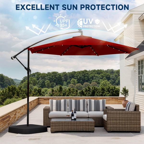 Homrest 10ft Solar Lighted Patio Umbrella with Base, Outdoor Cantilever Umbrella, Infinite Tilt, Burgundy