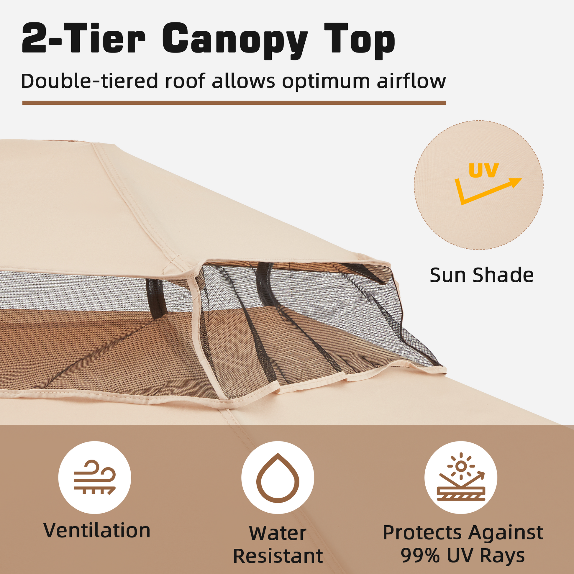 Homrest 3-Seat Swing Chair,Outdoor Gazebo Swing,Porch Swings Outdoor with Double Tier Canopy,Netting Curtains,Side Trays,for Graden,Poolside Backyard(Khaki)