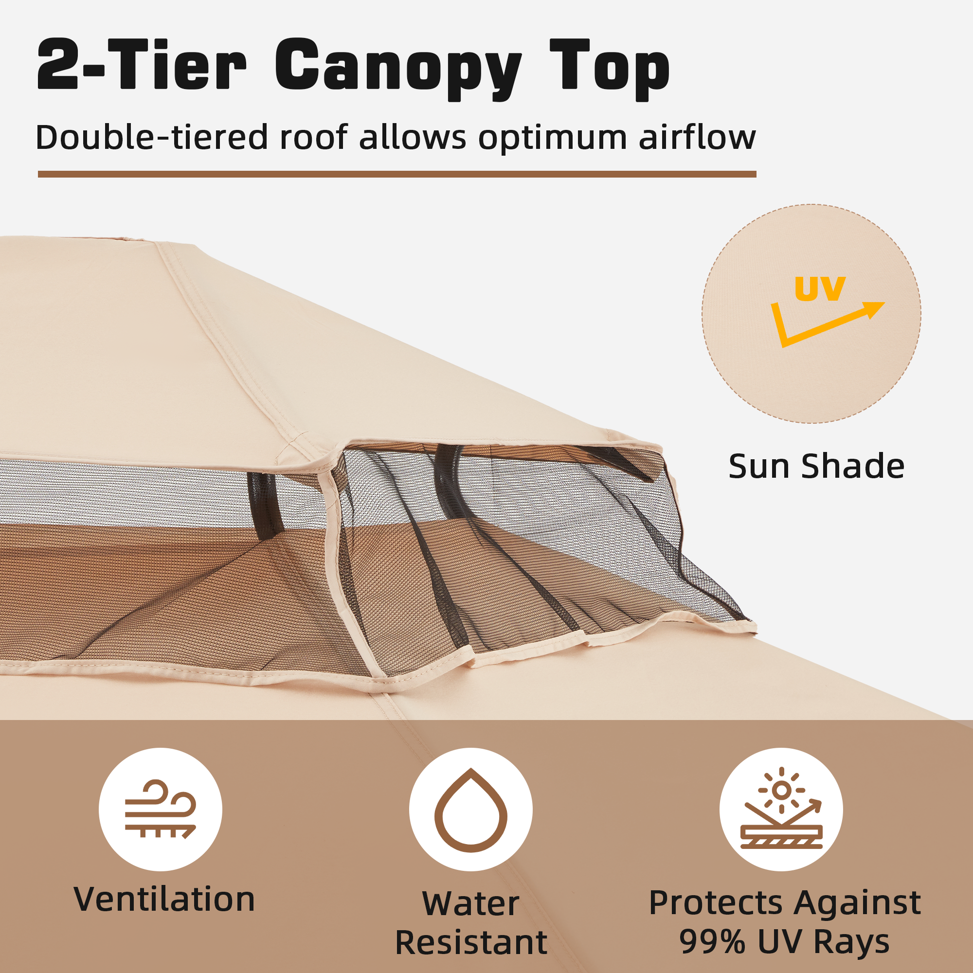 Homrest 3-Seat Swing Chair,Outdoor Gazebo Swing,Porch Swings Outdoor with Double Tier Canopy,Netting Curtains,Side Trays,for Graden,Poolside Backyard(Khaki)