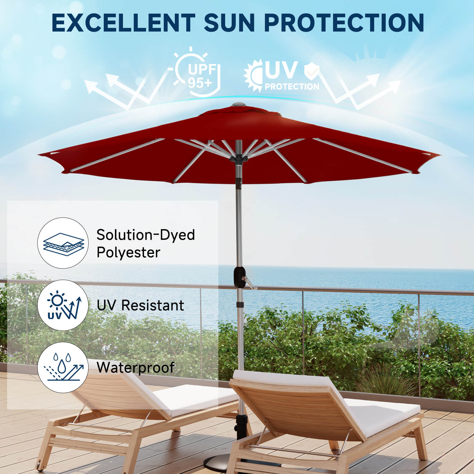 HOMREST 10FT Aluminum Outdoor Patio Umbrella with Push Button Tilt Function, Burgundy