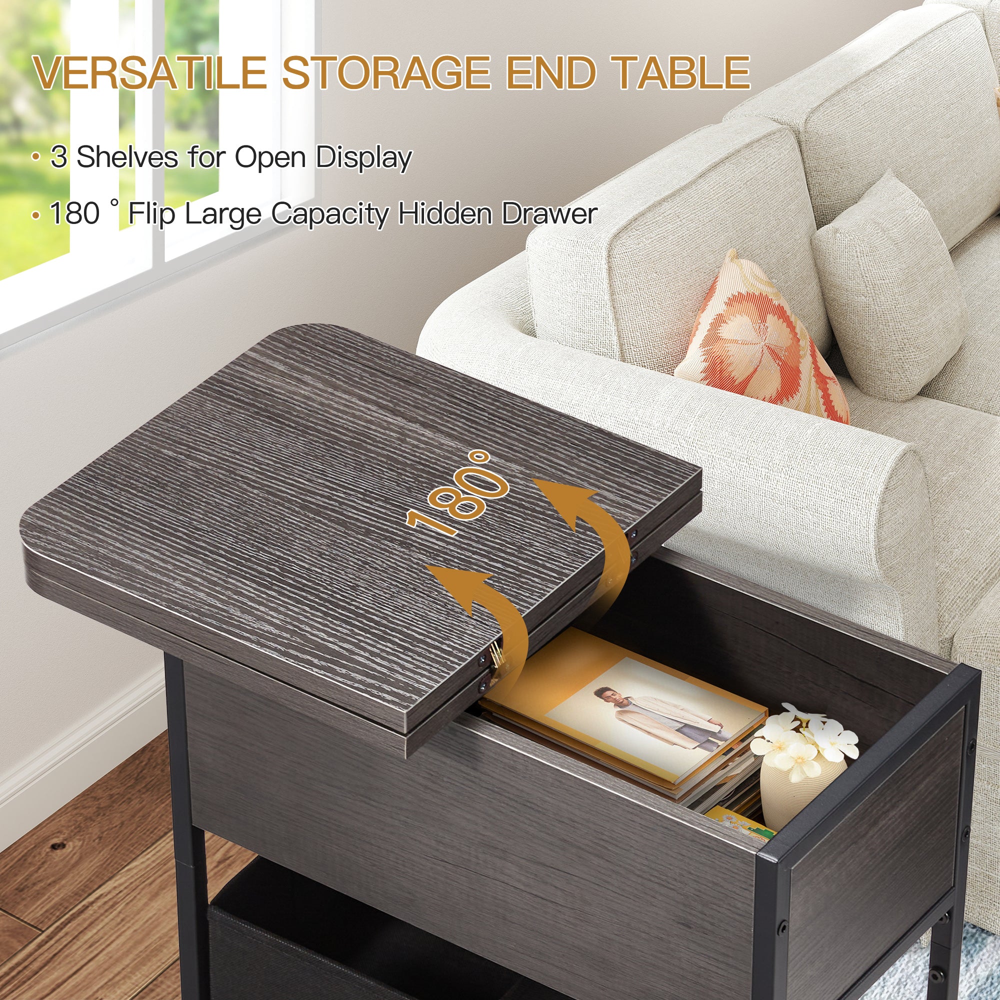 HOMREST Multi-Functional Flip Side Table, 360° Swivel Wheels & Storage Shelf for Living Room/Bedroom, Rustic Brown Wood End Table, Gray