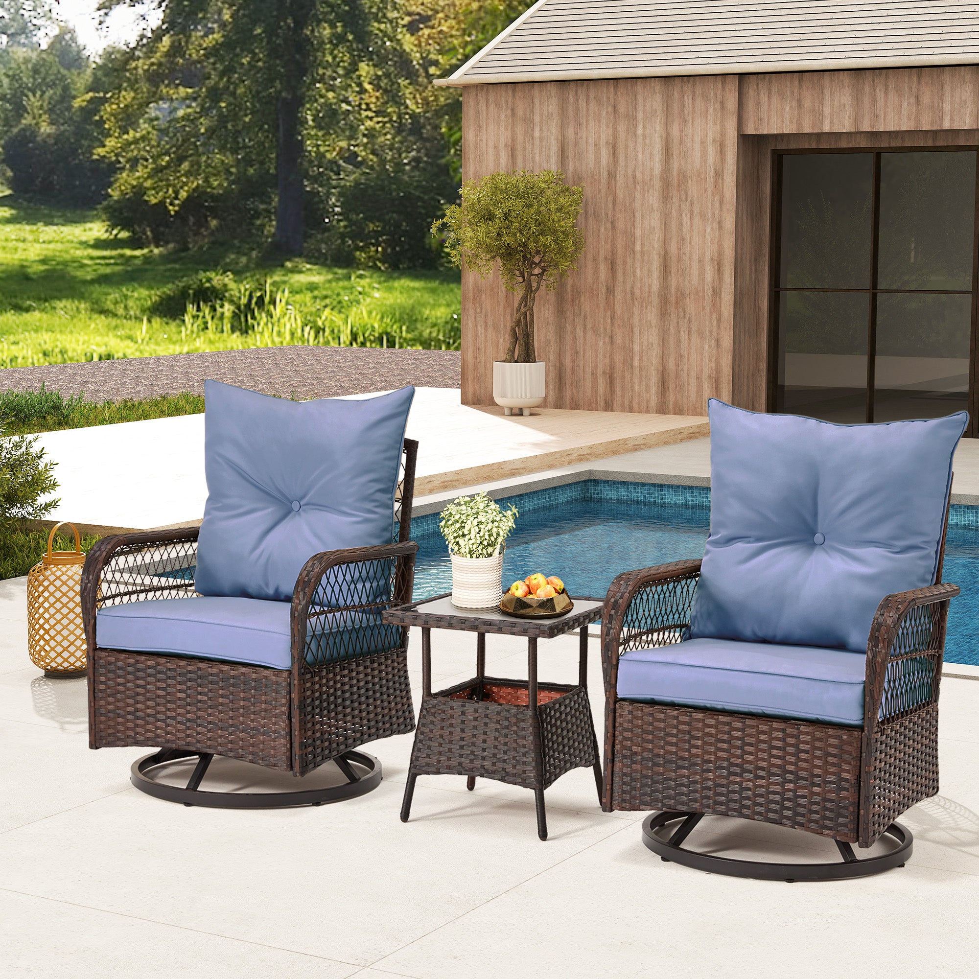 HOMREST 3-Piece Patio Swivel Rocker Set with Rattan Coffee Table, Blue