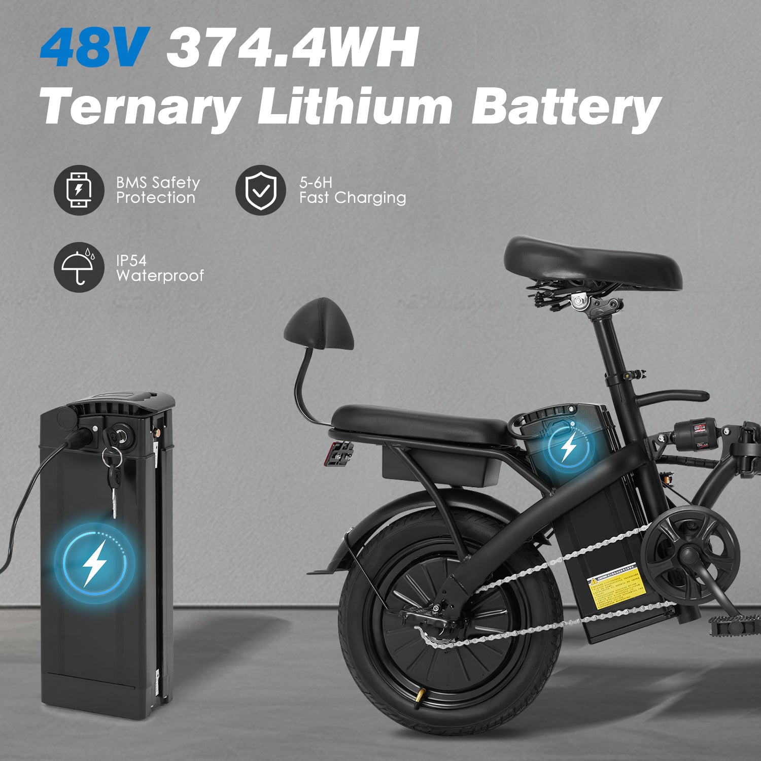 HOMREST Foldable Electric Bike, 2 Seat 14" Adults Ebike|500W |20MPH |30+Miles | Removable 48V 7.8Ah Battery,3 Riding Modes,Dual Disc Brakes, Black