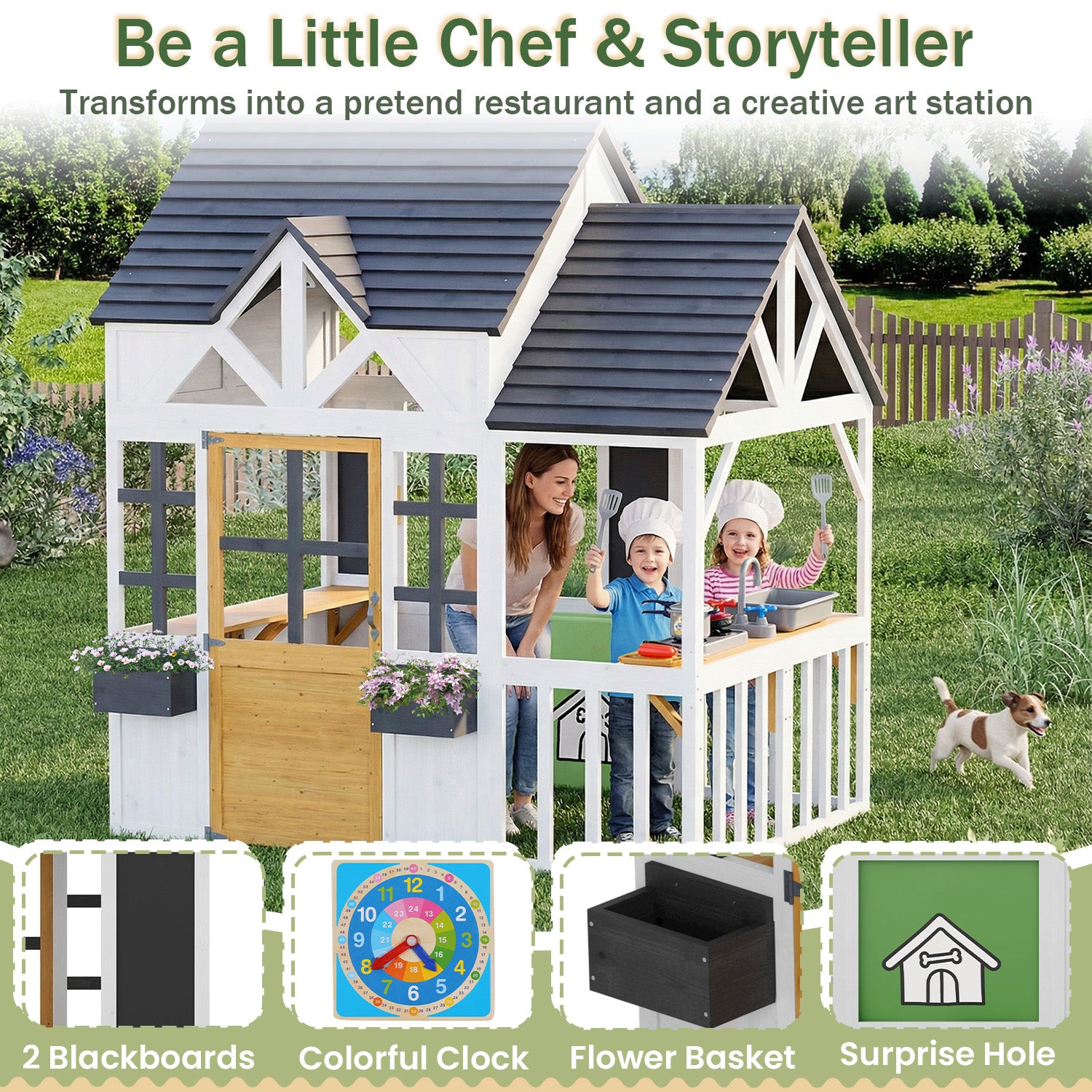 HOMREST Outdoor Play House for Kids, Elevated Roof Wooden Kids Playhouse with Kitchen Toys, Blackboard,Magnetic Door, Flowerpot Holders, Pet Hole, Clock,Black and White