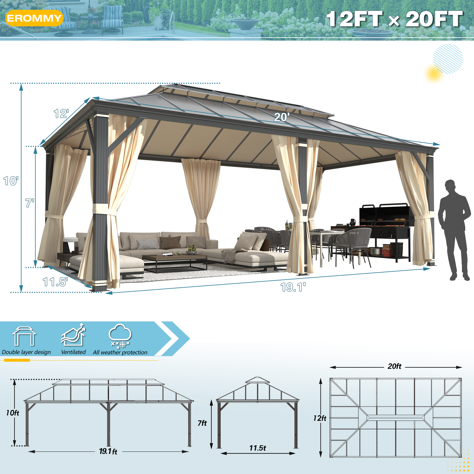 Homrest 12' x 20' Hardtop Gazebo, Aluminum Composite Double Roof for Patio and Garden, Curtains and Netting