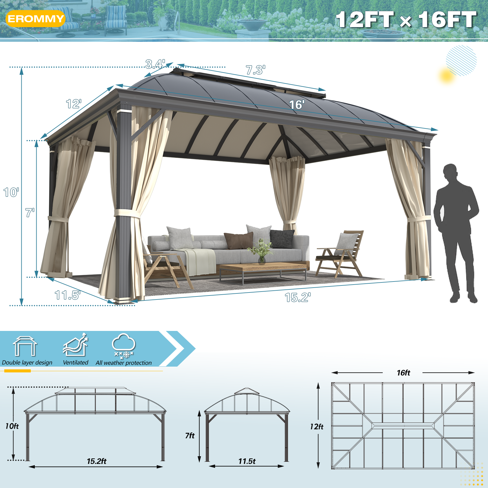Homrest 12' x 16' Hardtop Permanent Outdoor Aluminum Patio Gazebo, Double Roof for Patio Lawn and Garden, Curtains and Netting Included