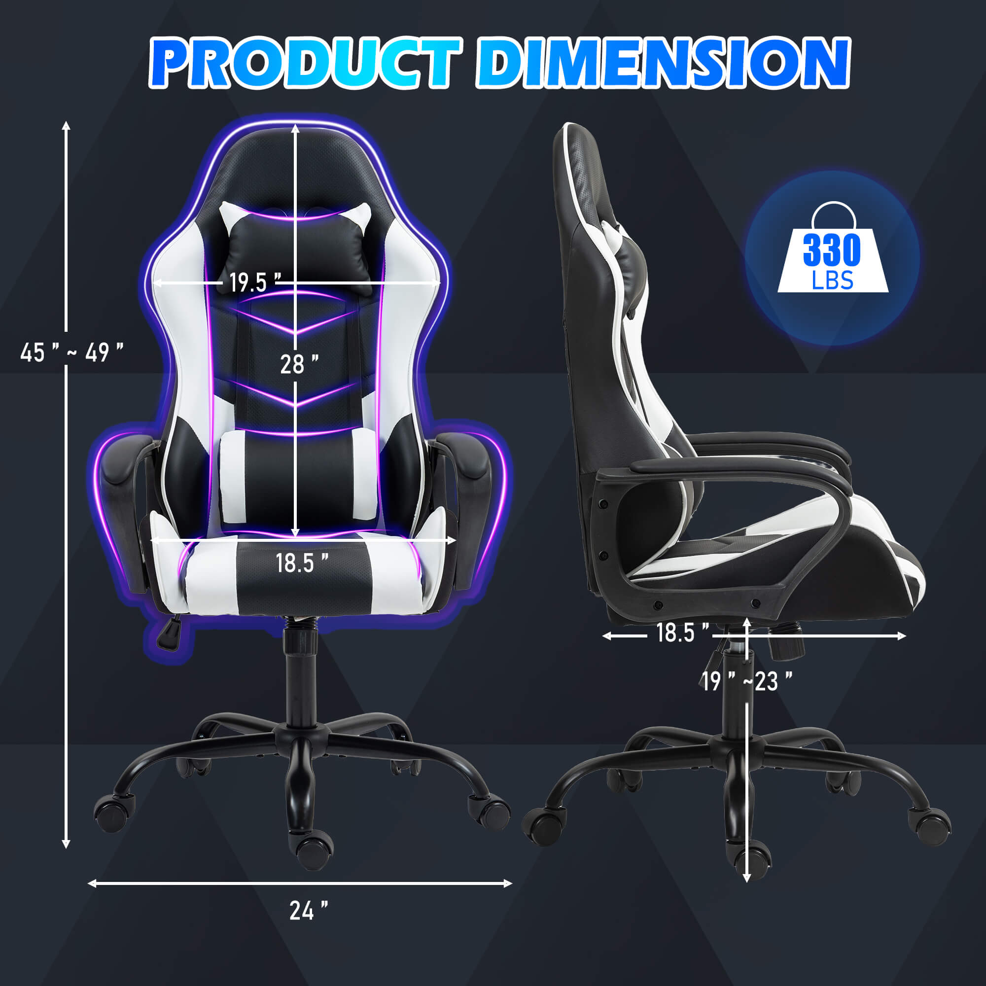 HOMREST Gaming Chair, Ergonomic Computer Gamer Chair with Massage Lumbar Support & Rocking High Back, Height Adjustable, White