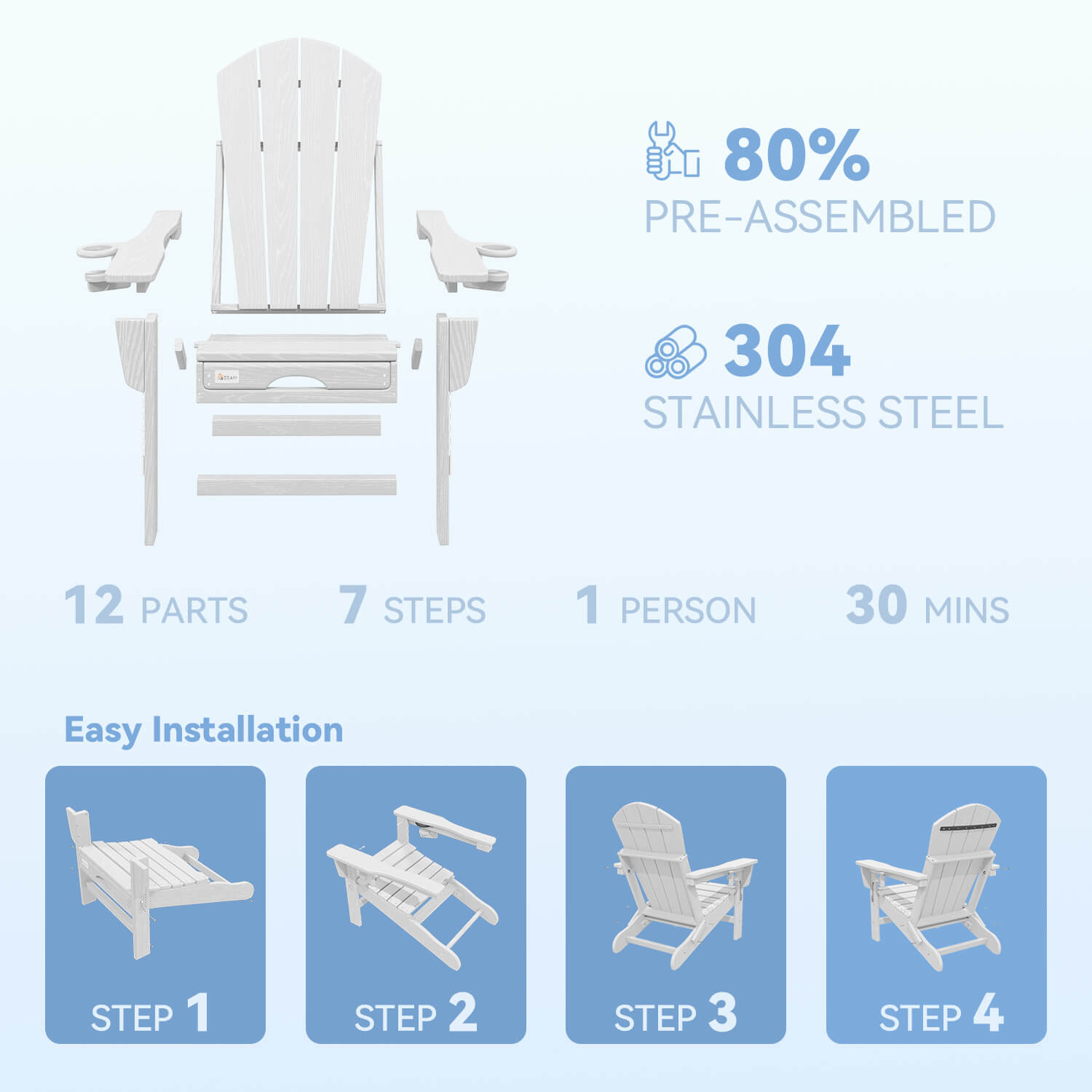 HOMREST 3-Level  Adjustable Adirondack Chair with Retractable Ottoman, Folding HDPE Outdoor Chair with Cup Holders, White