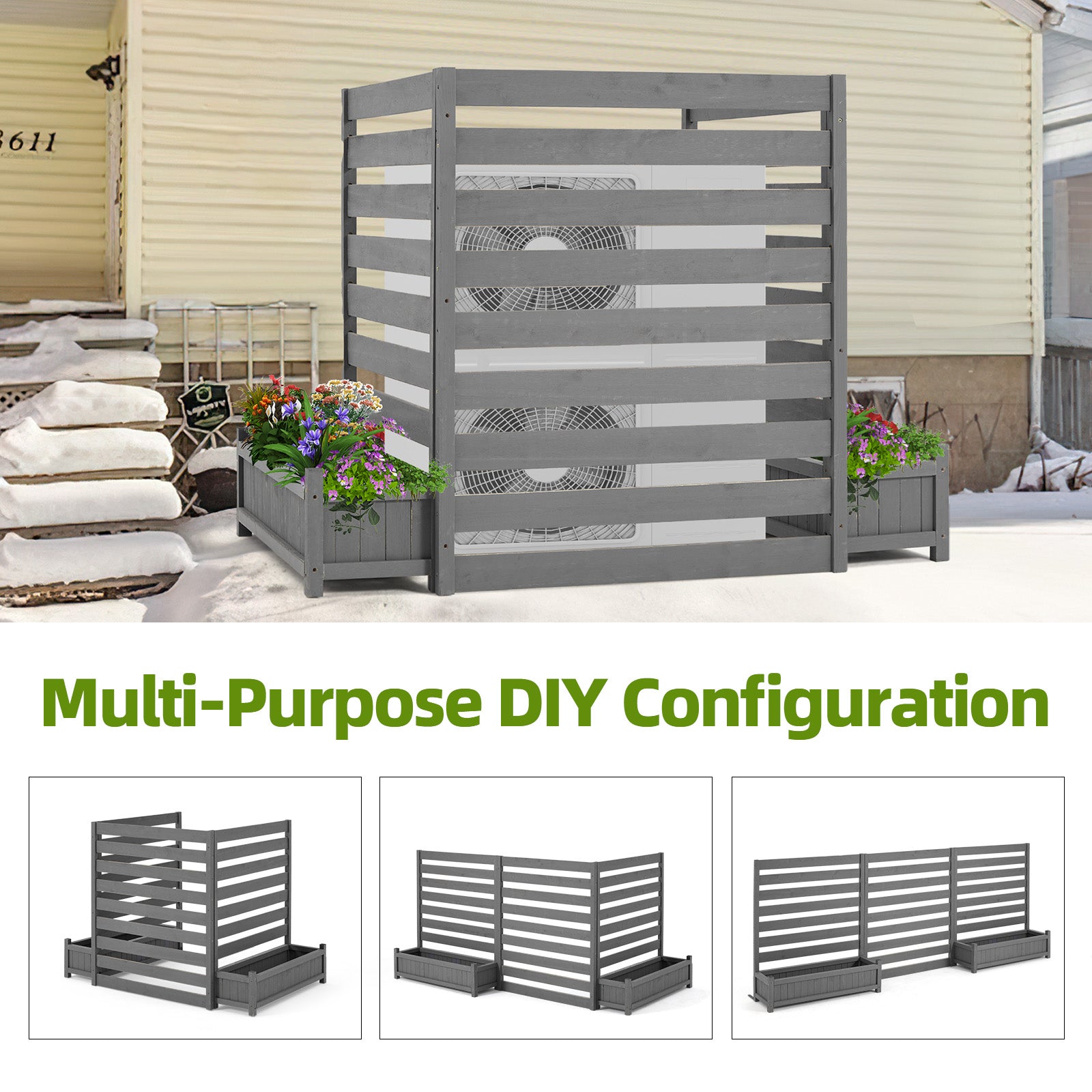 HOMREST No-Dig Privacy Fence with Planter Box - 3 Panels, 33" W x 39" H Durable Outdoor Patio Wood Screen for AC Unit, Trash Hide & Floral Garden Bed, Grey