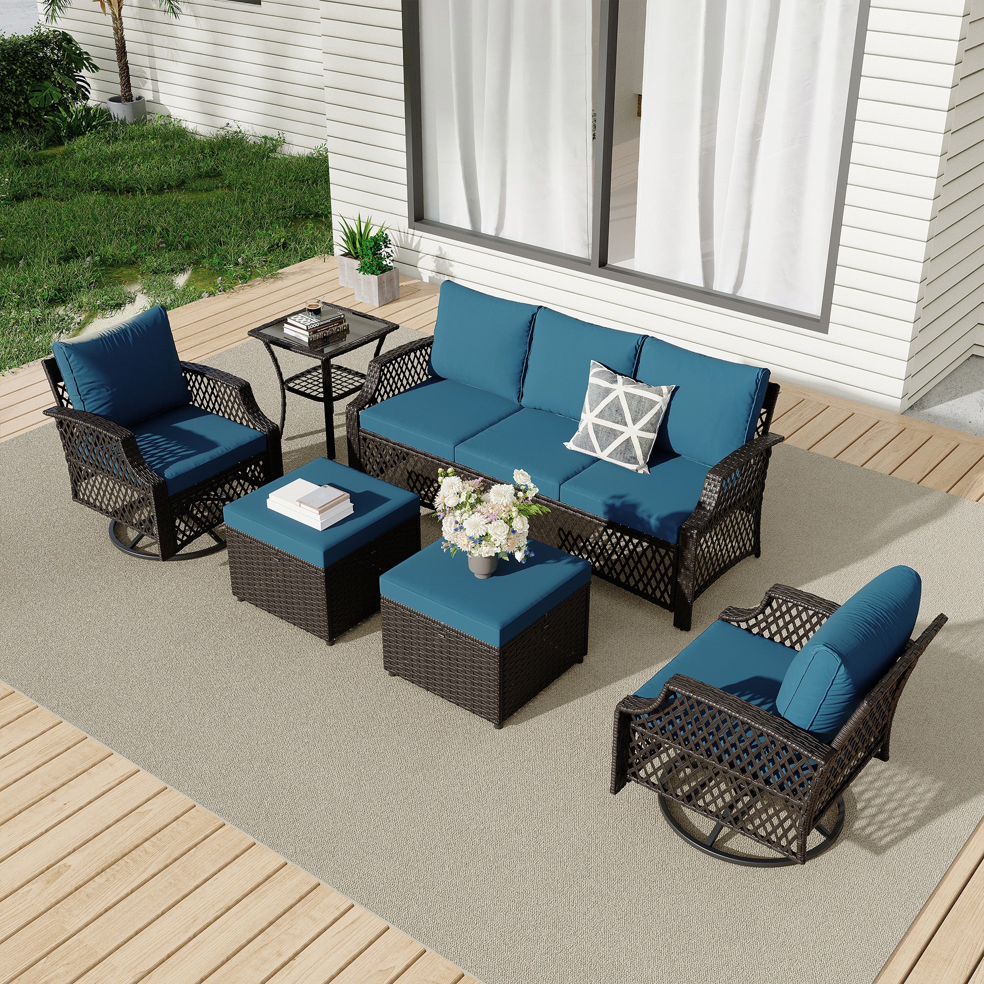 HOMREST 6 Piece Patio Furniture Set, Rattan Outdoor Sectional for Deck Backyard Porch (Turquoise)