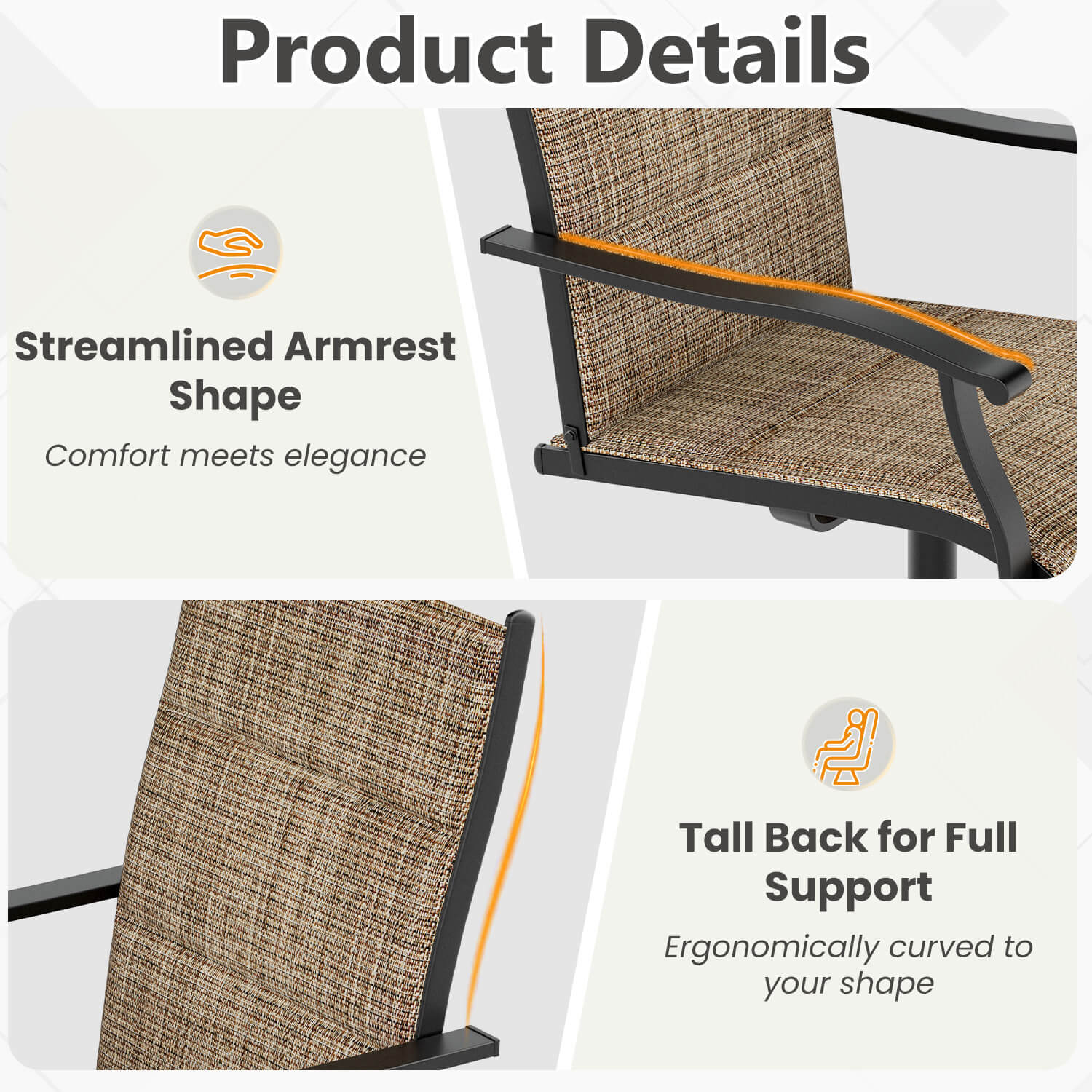 HOMREST Patio Swivel Chairs Set of 4, 360° Swivel, 15° Rocking, Outdoor Dining Chairs with Padded All Weather Quick-Drying Textilene High Back & Metal Frame, Brown