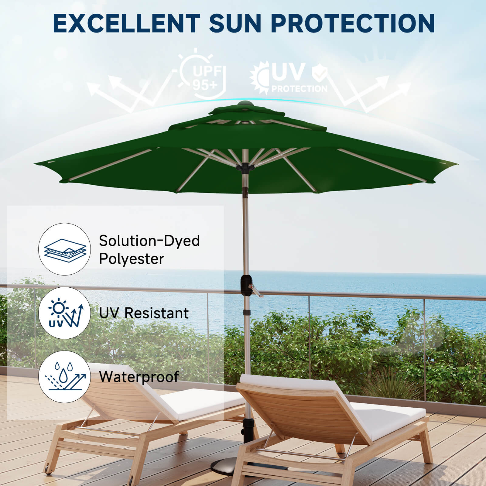 HOMREST 10FT 3-Tier Aluminum Outdoor Patio Umbrella with Push Button Tilt Function, Green