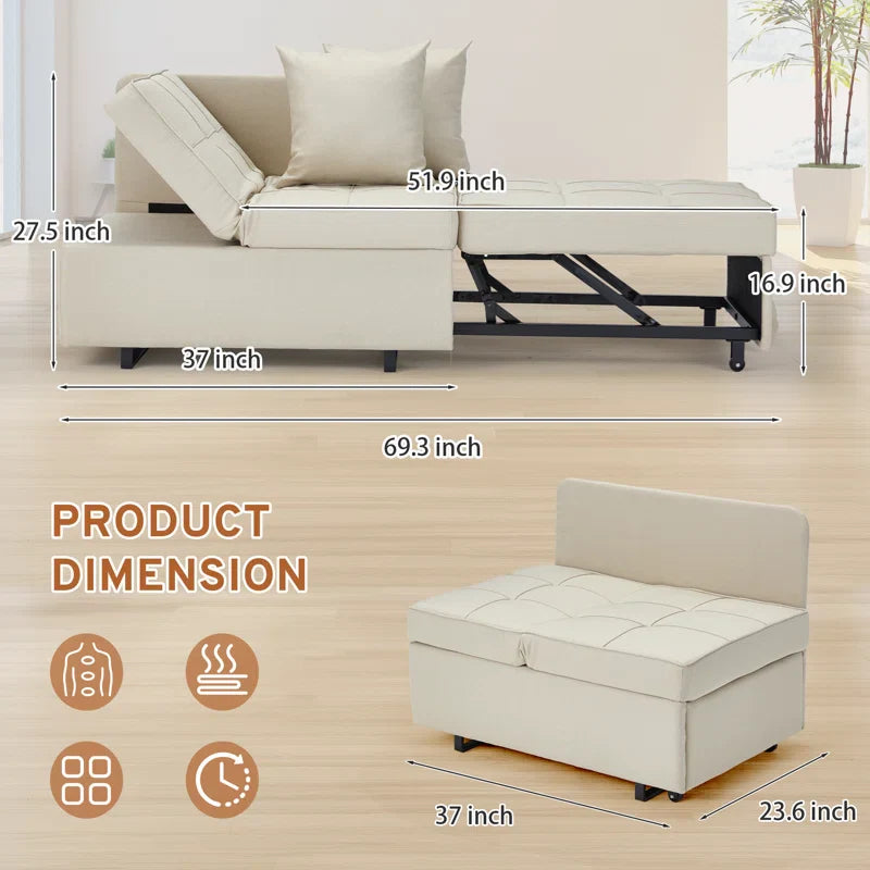 HOMREST 3 IN 1 Futon Sofa Bed Convertible Recliner Lounge for Living Room with Reclining Backrest, Linen, Beige