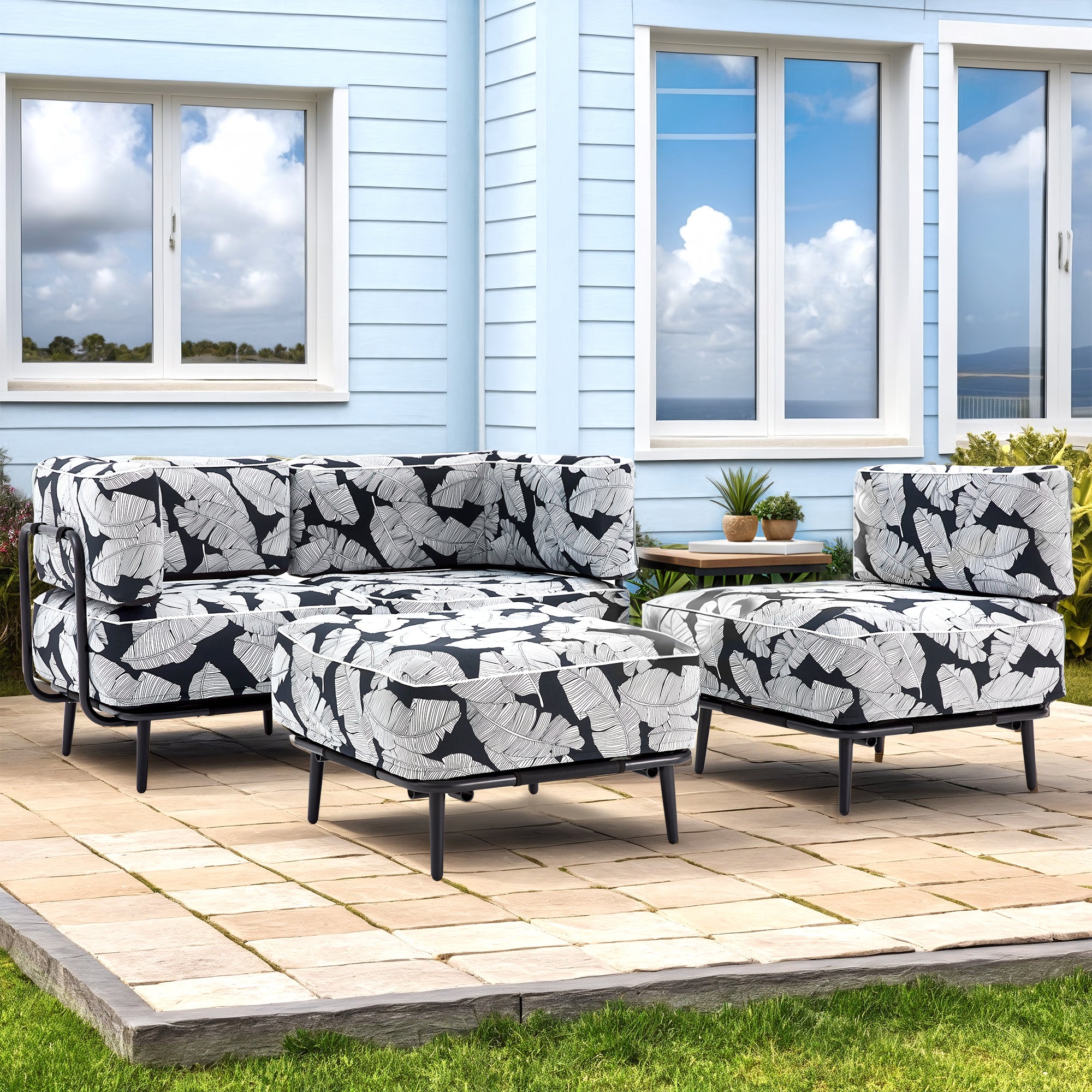 HOMREST 4-Piece Inflatable Couch Set, Portable Oxford Fabric Blow Up Couch Lounger, White Black Leaf Pattern
