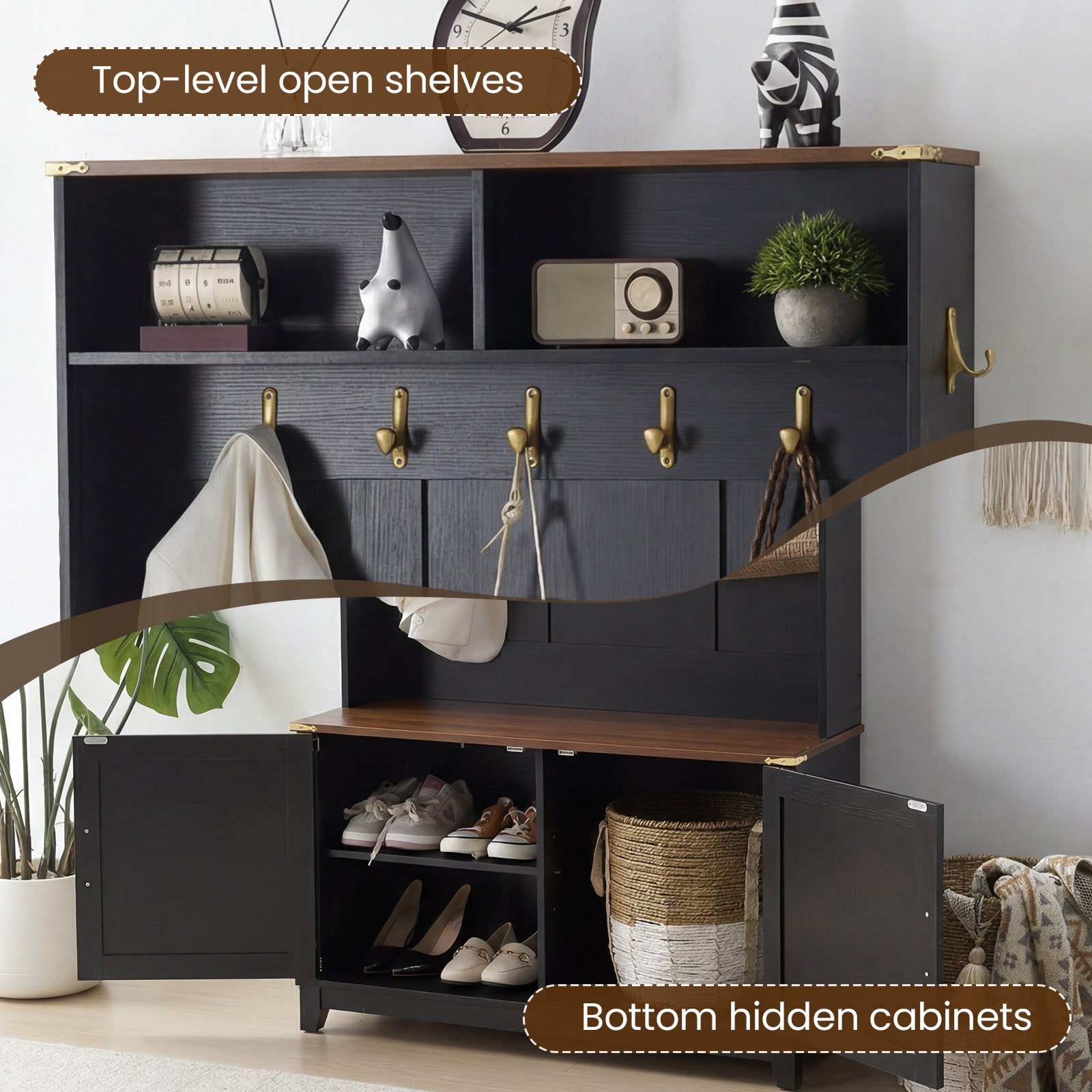 HOMREST 38" Farmhouse Hall Tree with Bench and Shoe Storage, Entryway Bench with Coat Rack, 2 Open Compartments, 7 Coat Hooks, Barn Door & Adjustable Shelf, Black