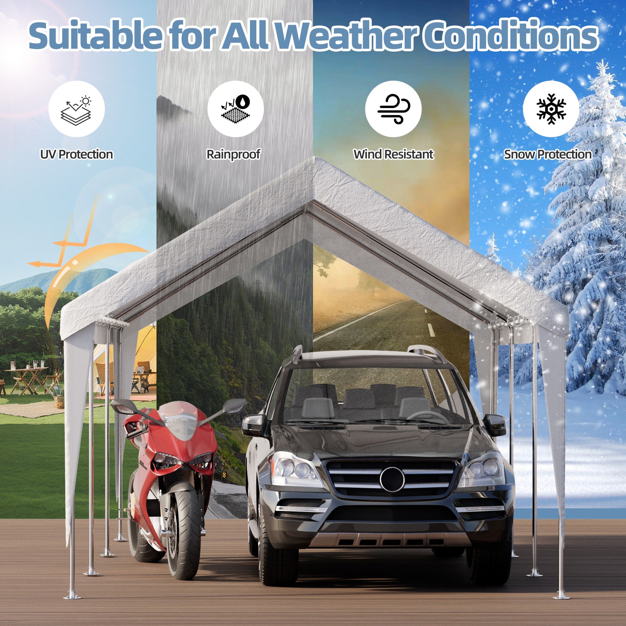 HOMREST Carports 12x20 heavy duty, Rainproof & UV Protected Garage Top Tarp Shelter Cover, Outdoor Portable Garage for Car, Boat Tent, White