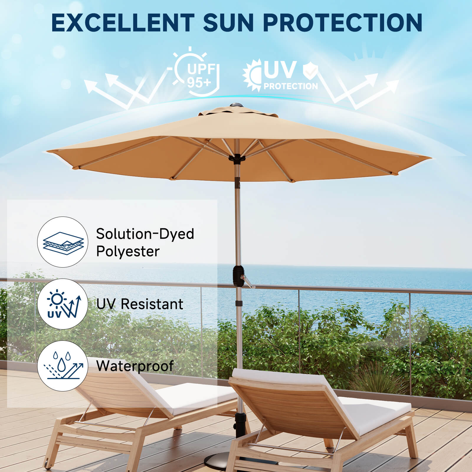 Homrest 9FT Aluminum Patio Umbrella, Fade-Resistant with Push Tilt, 8 Sturdy Aluminum Ribs Beige