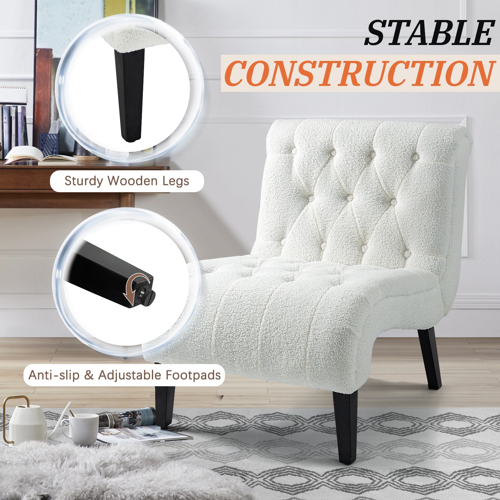 HOMREST Armless Accent Chair, Upholstered Button Tufted Living Room Chairs with Wood Legs, Comfy Frosted Velvet Lounge Chair Reading Chair for Bedroom, White