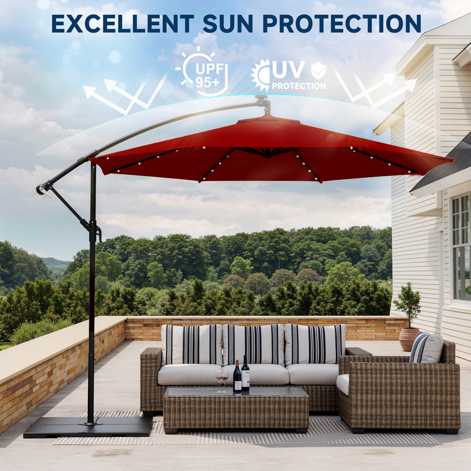 Homrest 10ft Solar Lighted Patio Umbrella, Infinite Tilt, Crank and Cross Base, Burgundy