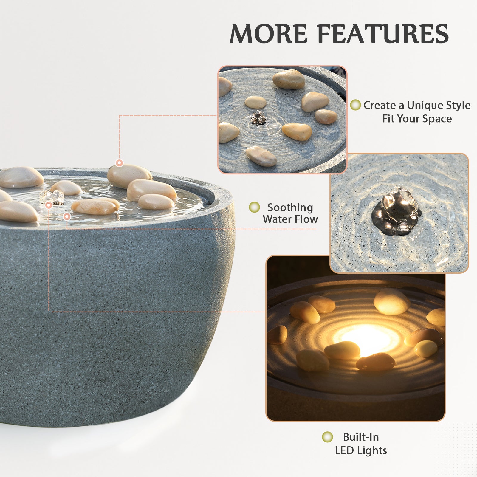 HOMREST 10.6"Tall Outdoor Water Fountain - Resin Garden Water Feature with LED Lights Effect for Patio Deck Yard Home,Gray