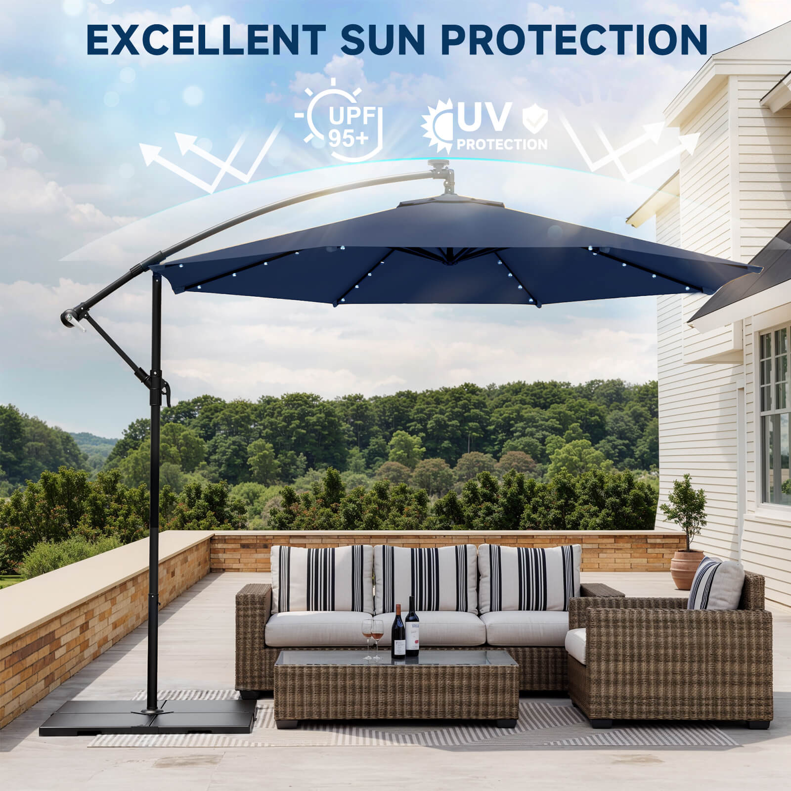 Homrest 10ft Solar Lighted Patio Umbrella, Infinite Tilt, Crank and Cross Base, Navy Blue