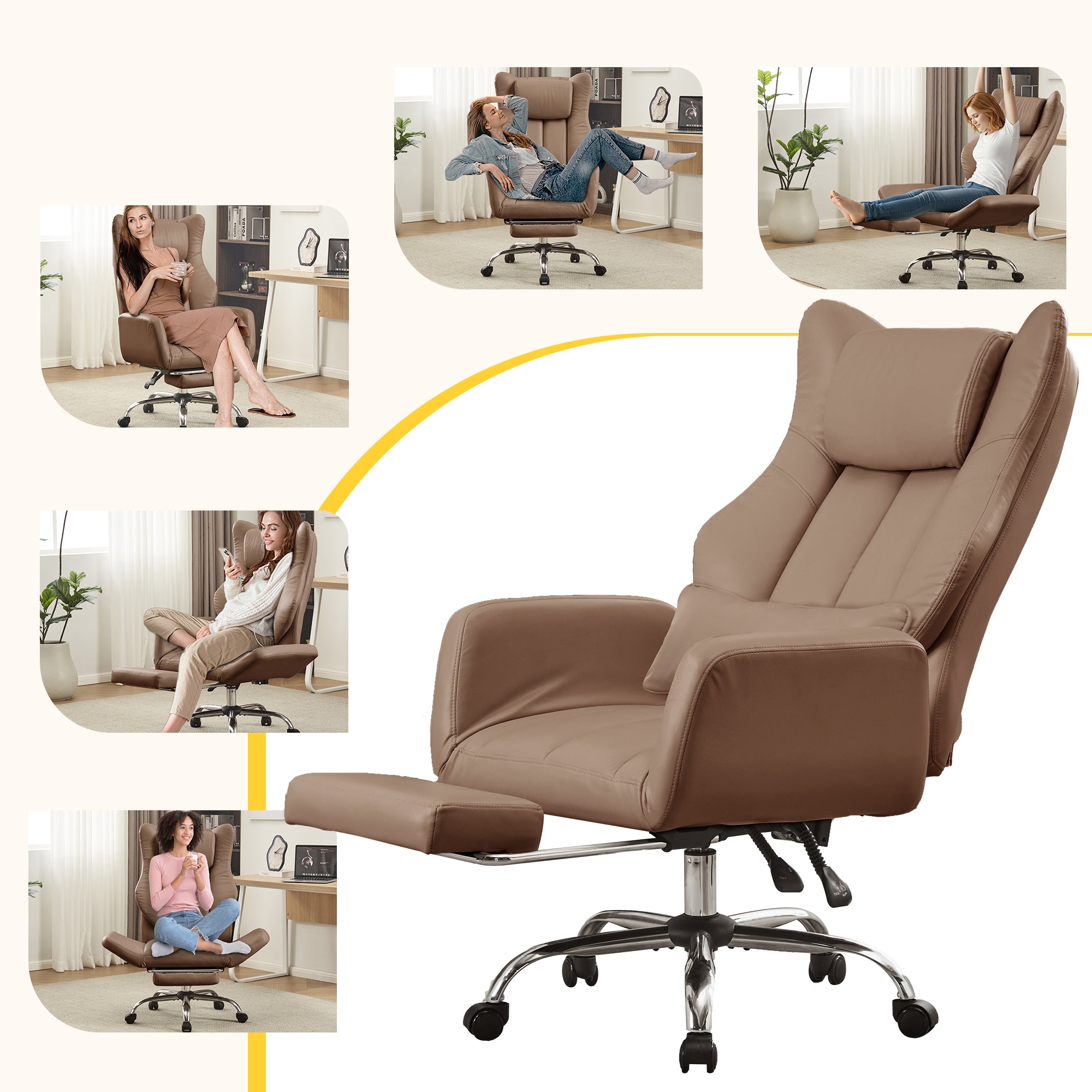 HOMREST Ergonomic Cross Legged Office Chair with Footrest,Big and Tall Leather Executive Chair with Reversible Armrest,Lumbar Pillow and Wheels,155° Reclining Computer Wide Desk Chair for Home,Office (Brown)