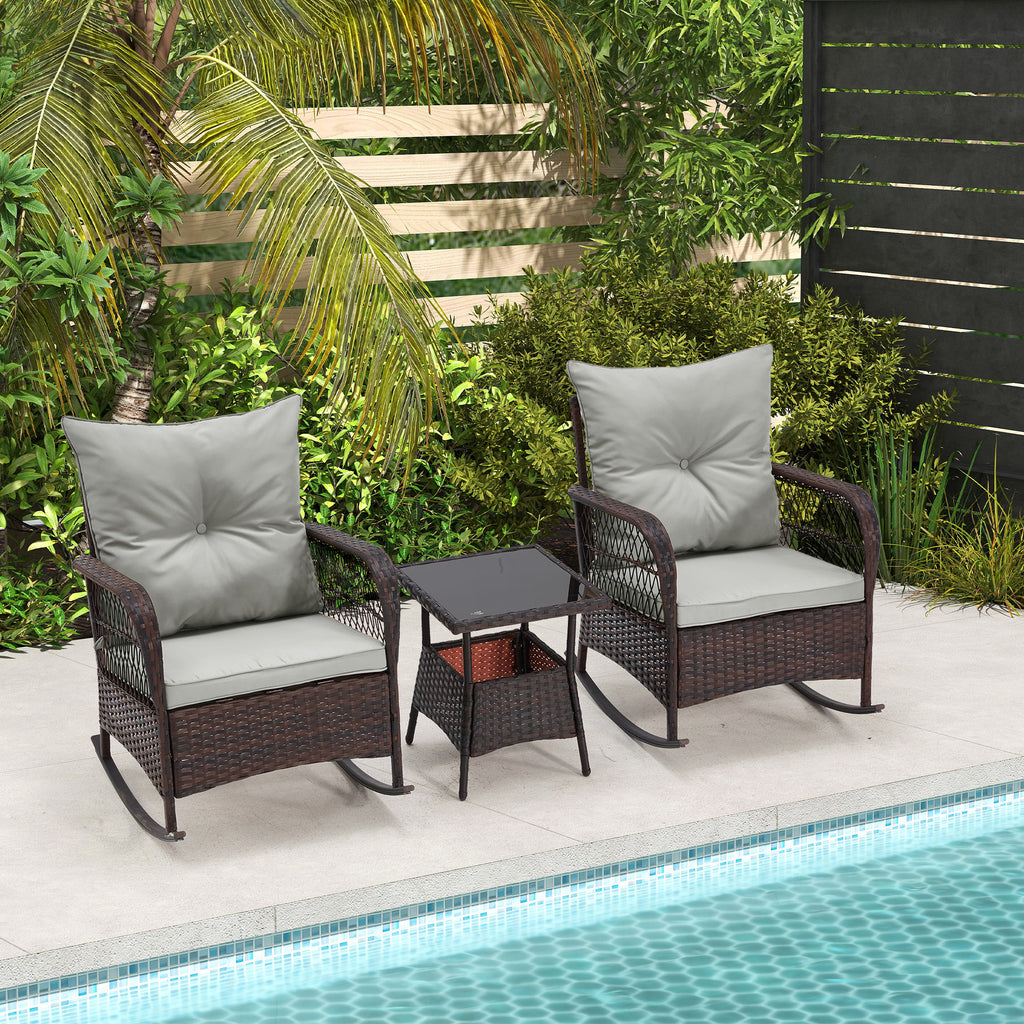 HOMREST 3-Piece Rattan Rocking Bistro Set with Glass Coffee Table for Porch & Garden