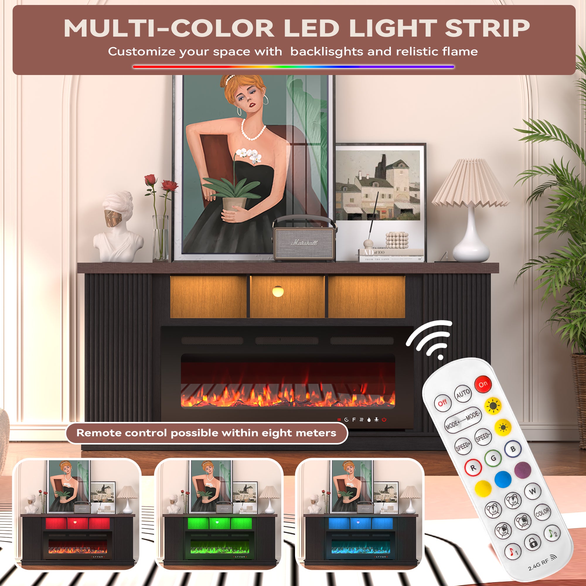 HOMREST 70 Inch TV Cabinet with Electric Fireplace, fire place tv stands for living room, LED Light Bar, Dark Walnut Color